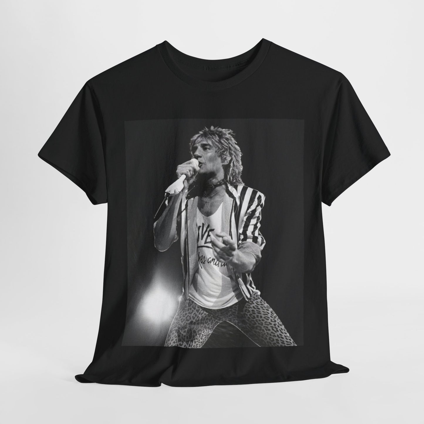 A black graphic t-shirt featuring a vintage graphic or photo of Rod Stewart performing live.