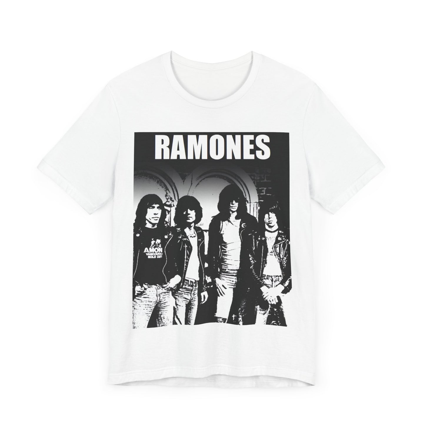 A black graphic t-shirt featuring a graphic of the Ramones as punk rock pioneers.