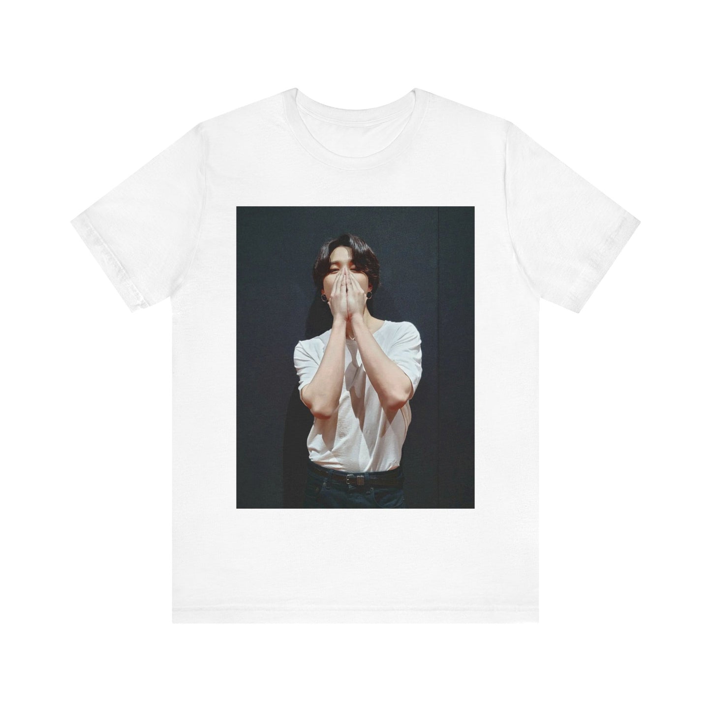 A black graphic t-shirt featuring a graphic of Jimin designed for everyday K-Pop style.