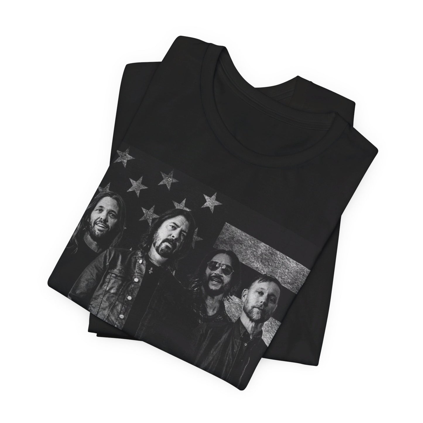 A black graphic t-shirt featuring a graphic of Foo Fighters integrated with elements of the American flag.