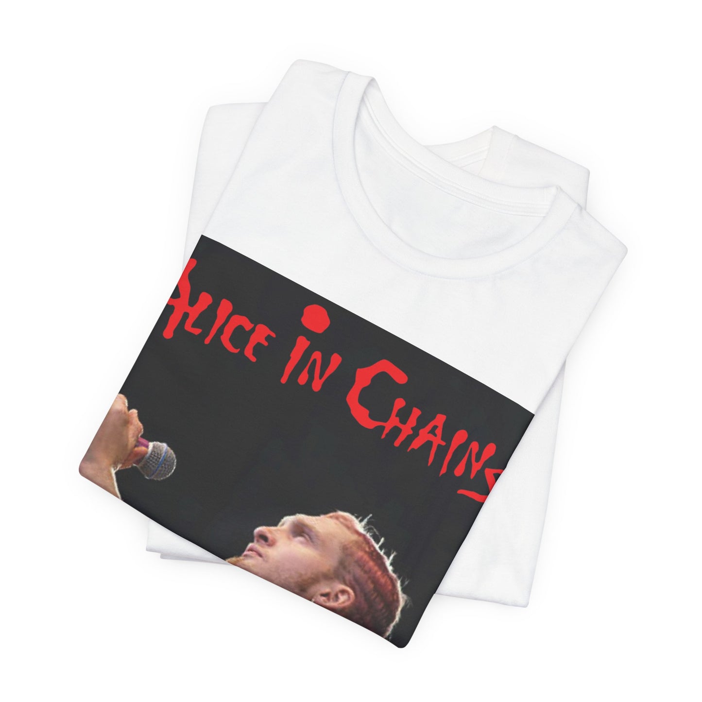 A black graphic t-shirt featuring the Alice In Chains logo in red, in a 90s grunge style.