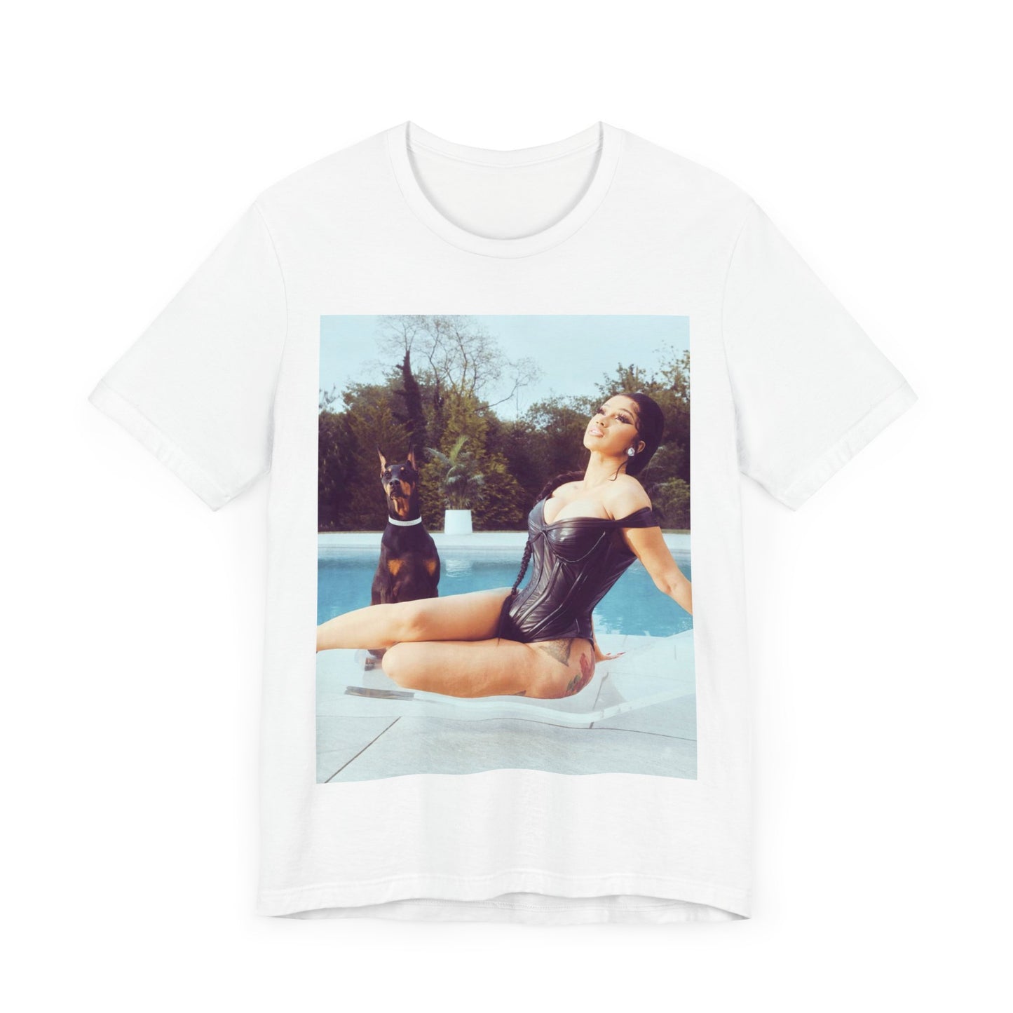 A black graphic t-shirt featuring a graphic related to Cardi B's 'I Like It' song, with bold pop culture elements.