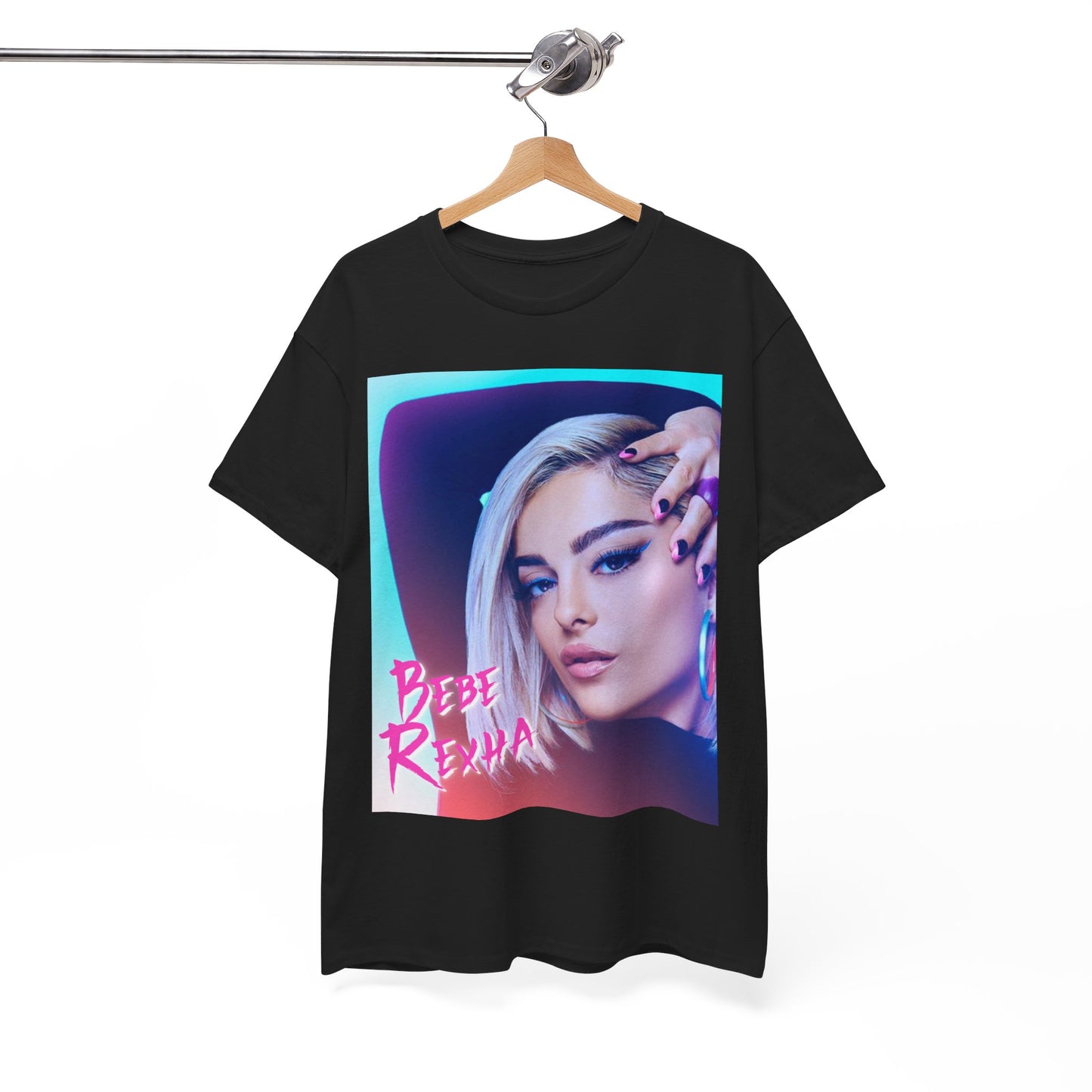 A black graphic t-shirt featuring a stylized graphic of Bebe Rexha, emphasizing her pop star persona.