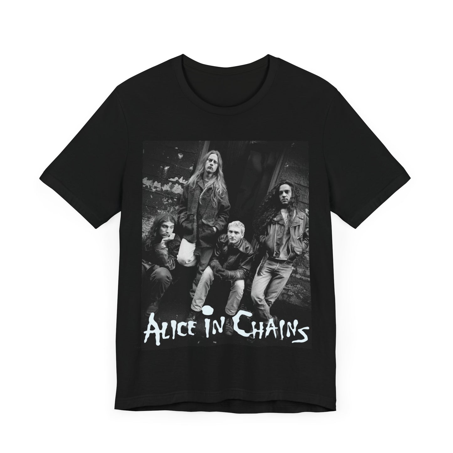 A black graphic t-shirt featuring a 90s black and white photographic portrait of the band Alice In Chains, capturing their iconic grunge look.