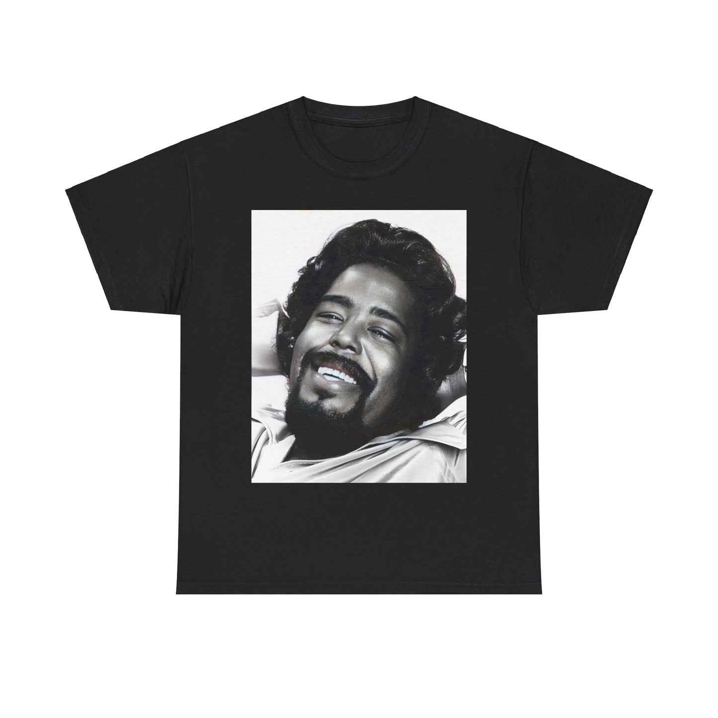 A black graphic t-shirt featuring a 70s-style pop art graphic of Barry White with a relaxed or 'chill' expression.