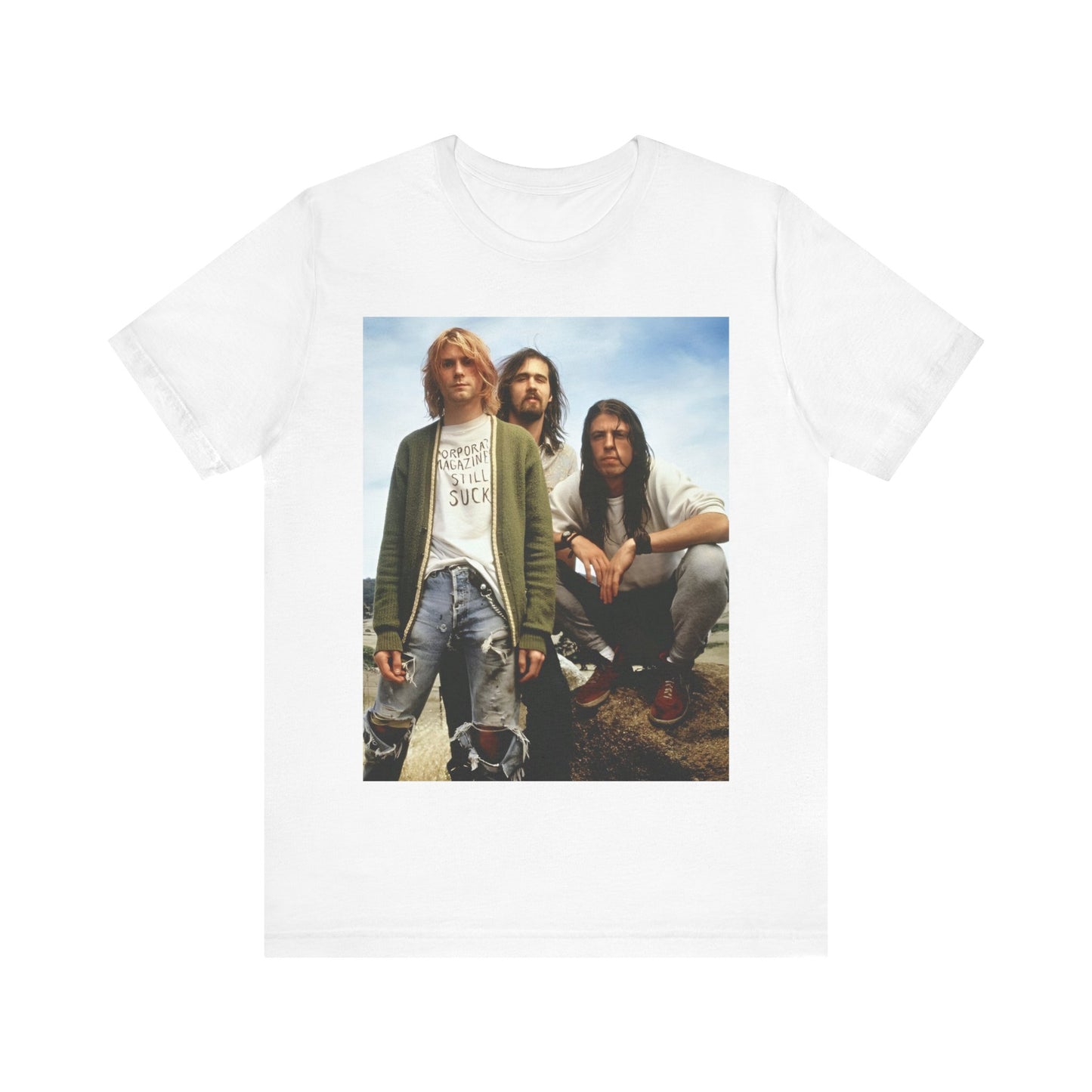 A black graphic t-shirt featuring a bold graphic of Nirvana as grunge superstars.