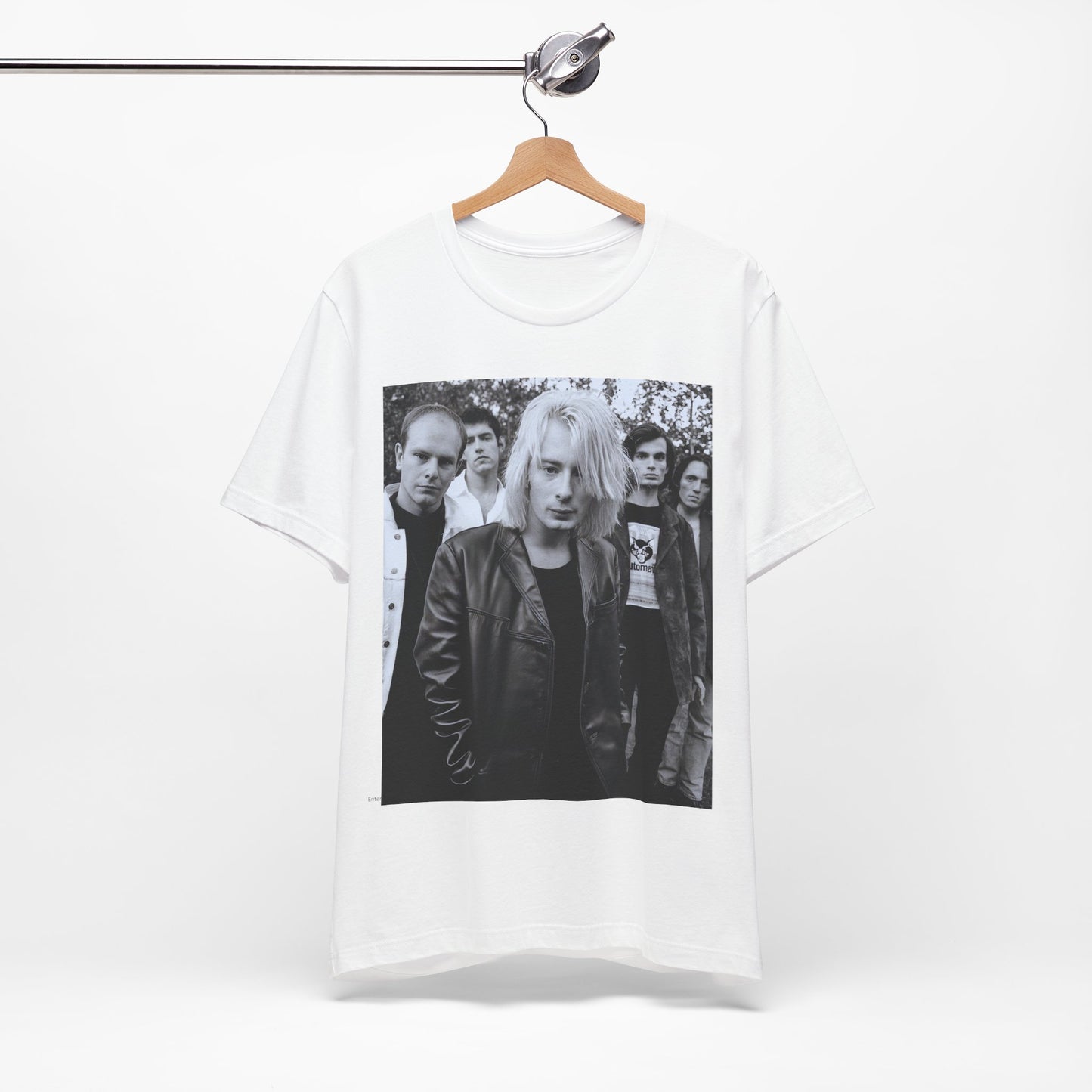 A black graphic t-shirt featuring a cool experimental rock graphic of Radiohead.
