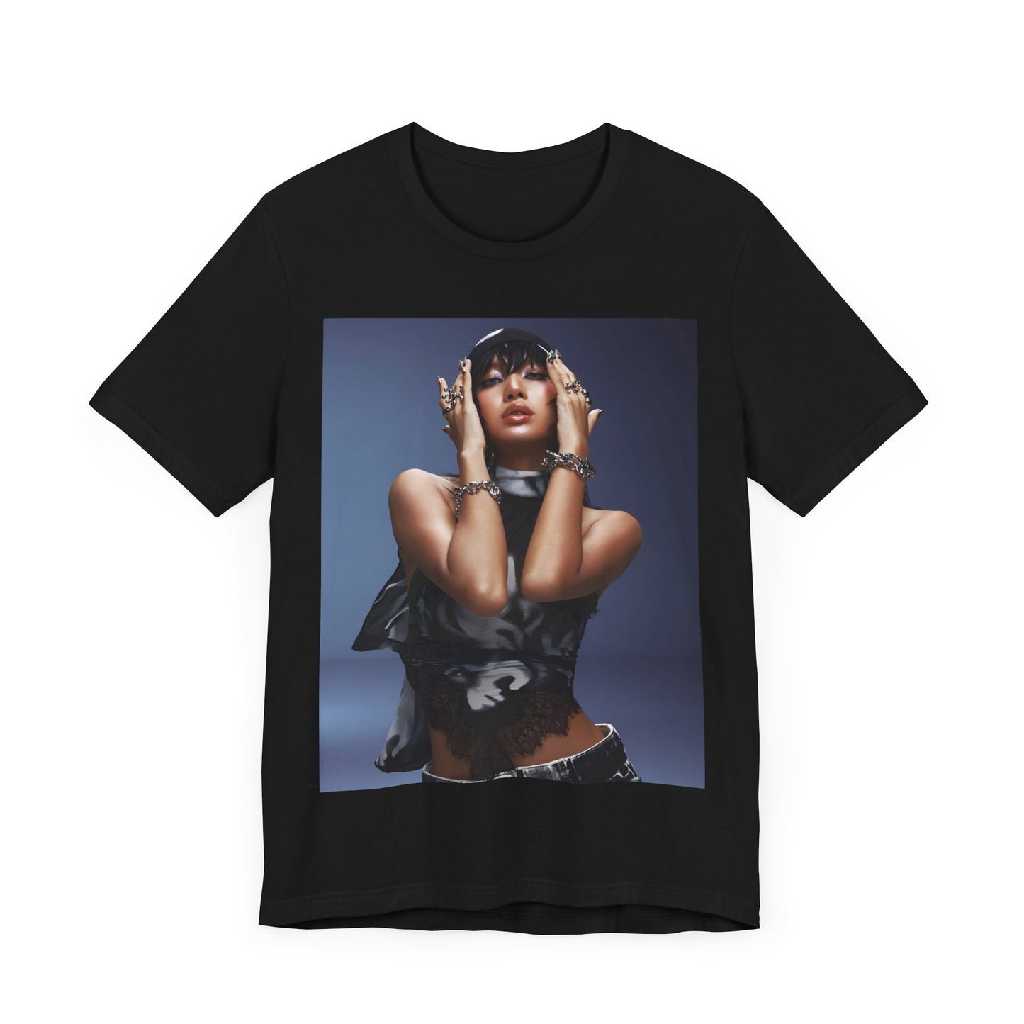 A black graphic t-shirt featuring a bold visual graphic of Lisa from K-Pop.