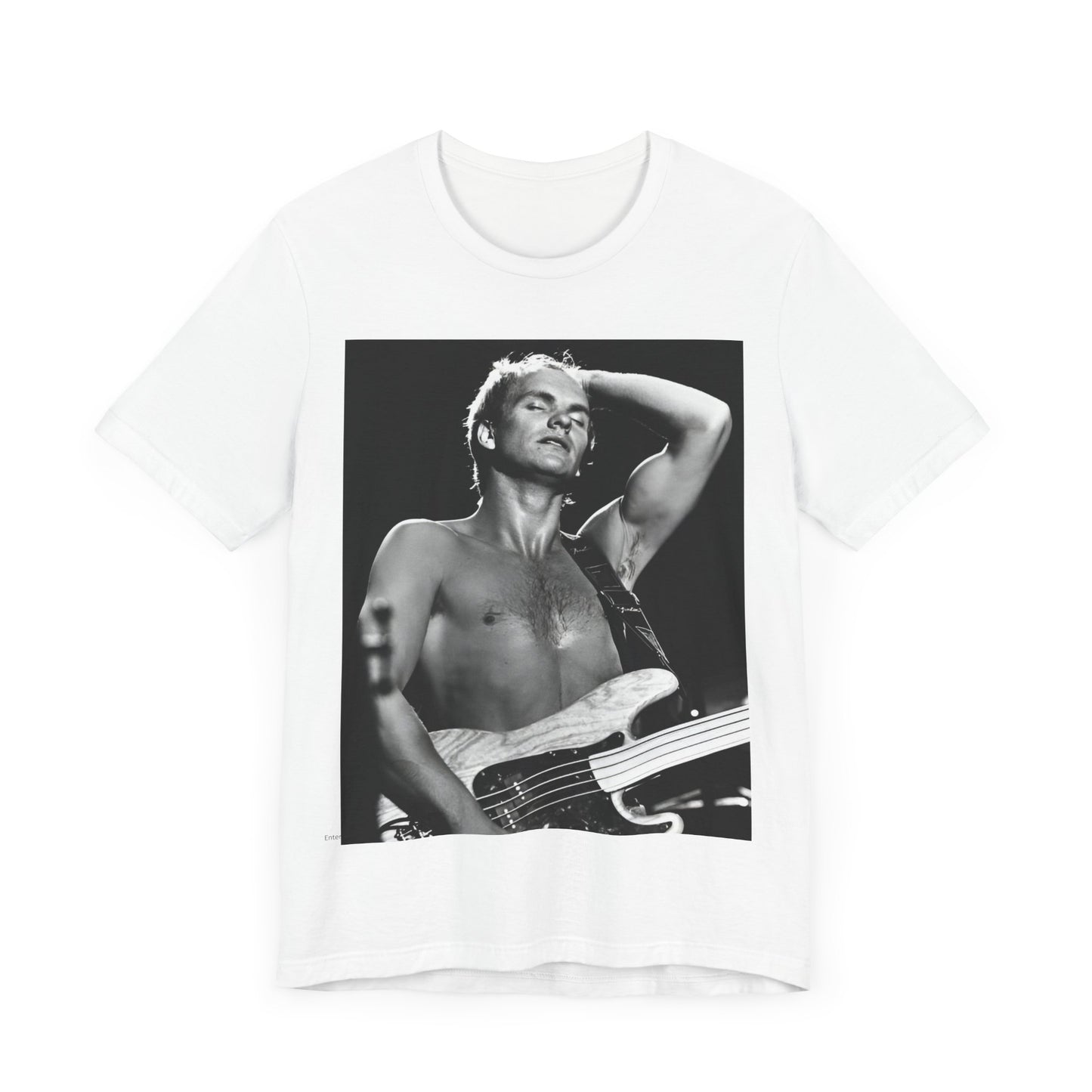A black graphic t-shirt featuring a graphic or photo of Sting performing live on stage in 1983.