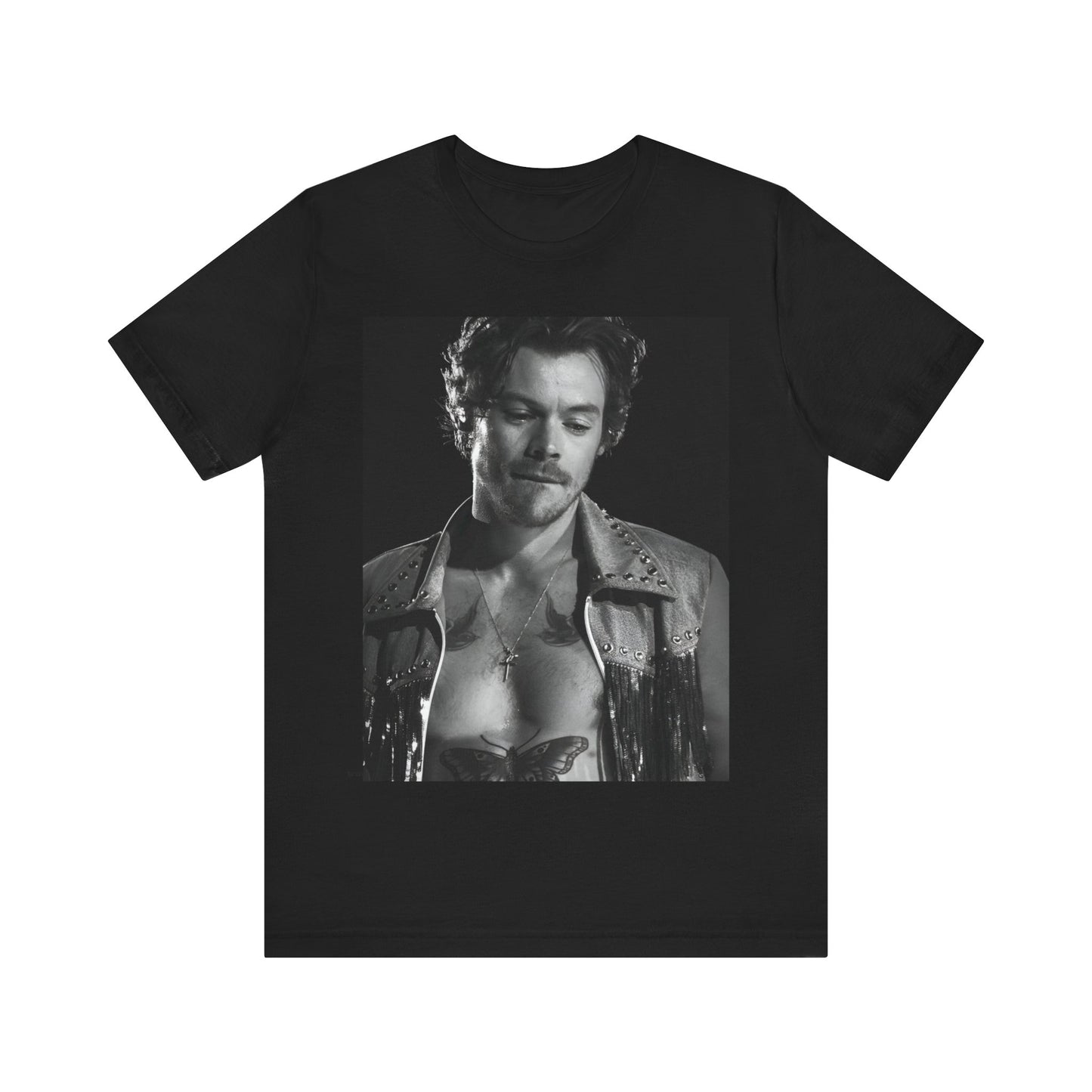 A black graphic t-shirt featuring a black and white graphic inspired by Harry Styles' tattoos.