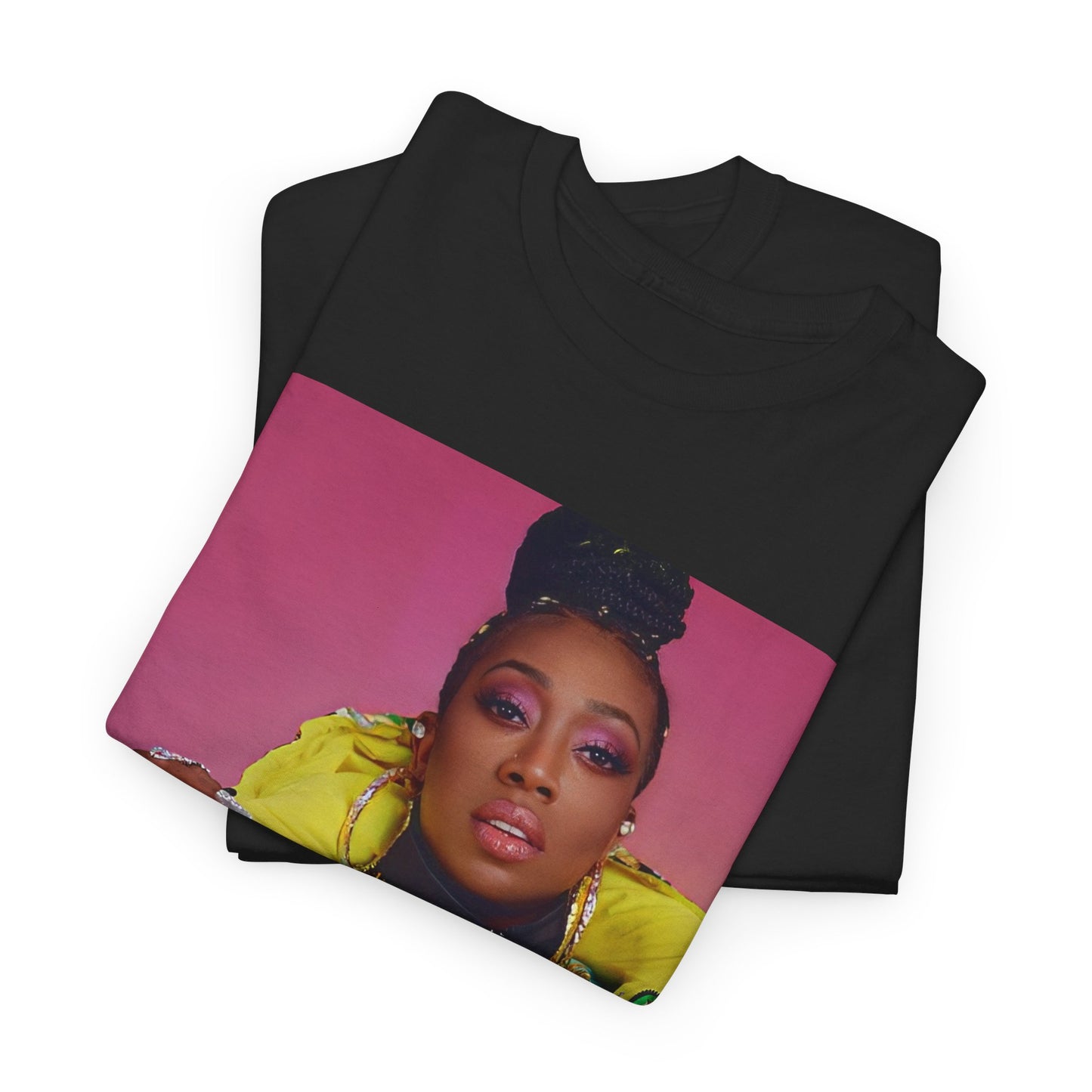 A black graphic t-shirt featuring a graphic of Missy Elliott as the rap queen of innovation.