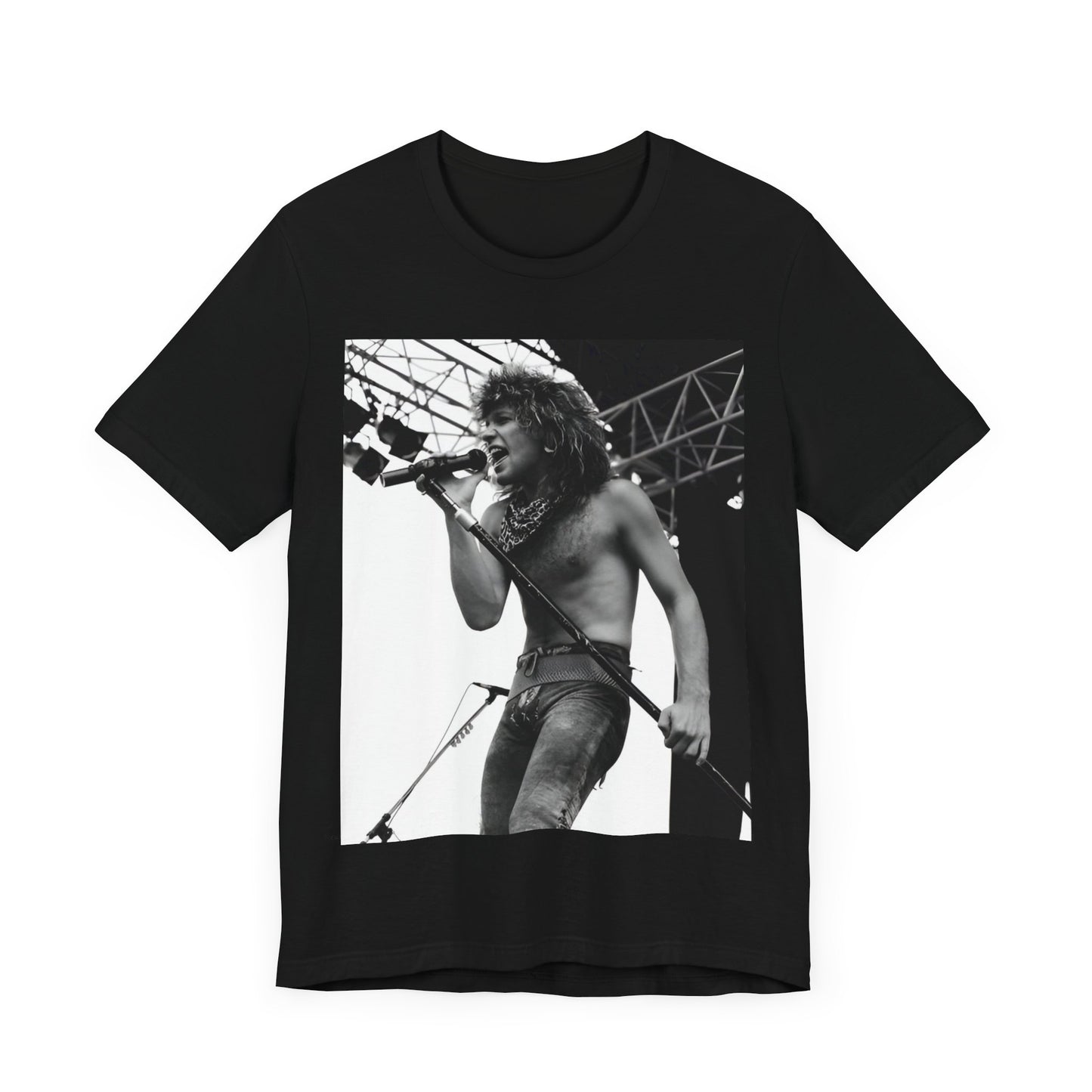 A black graphic t-shirt featuring a retro tour graphic for Bon Jovi's '88 tour.