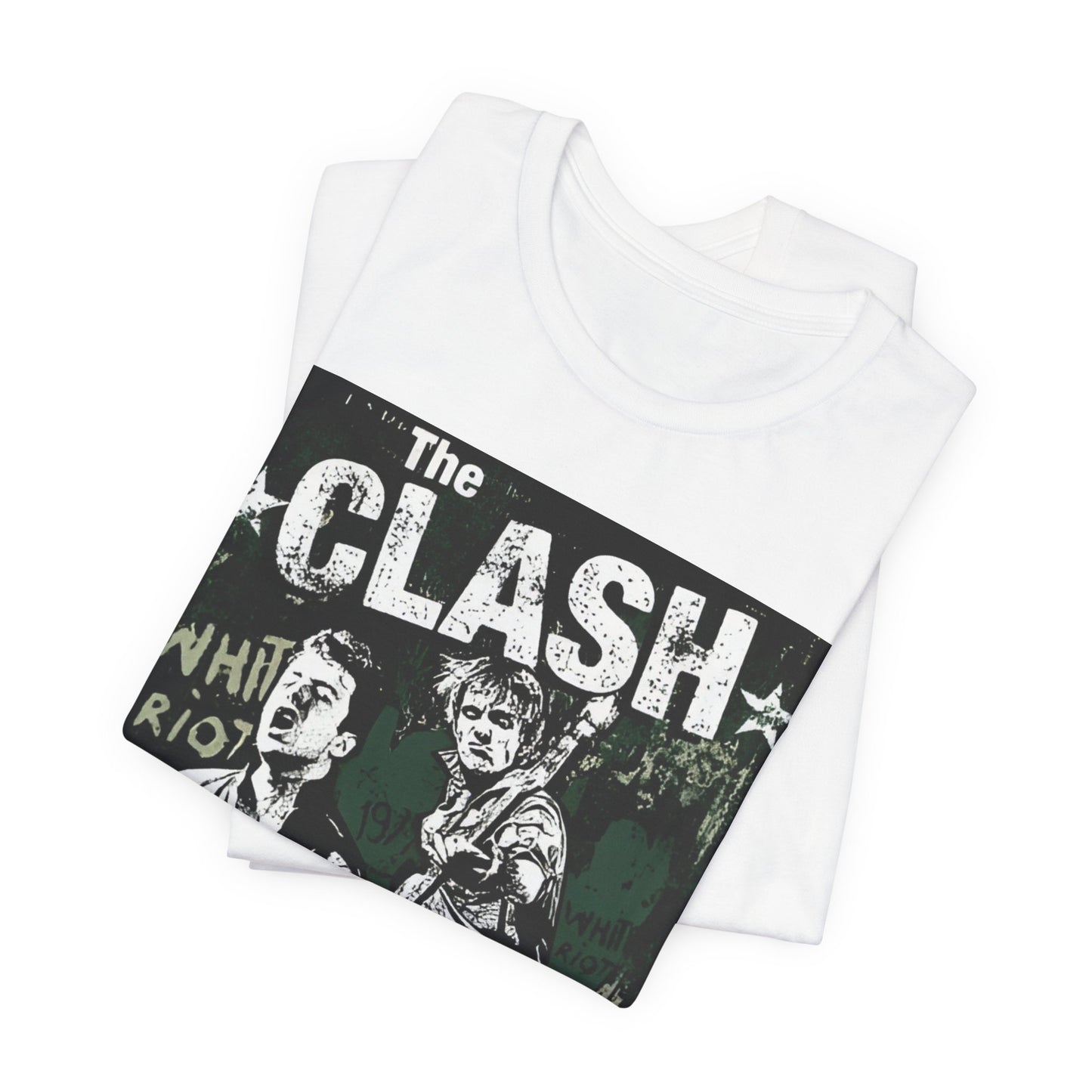 A black graphic t-shirt featuring a graphic related to The Clash's 'White Riot' song.