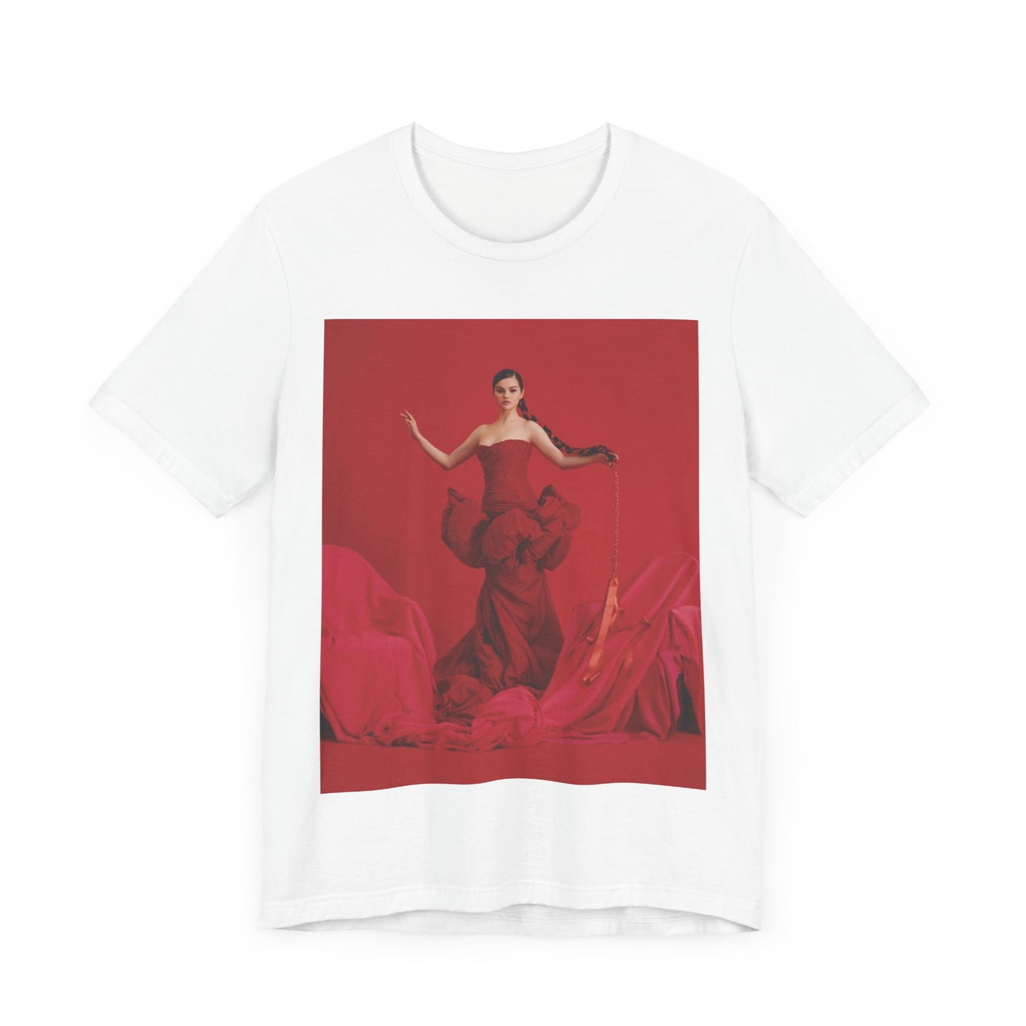A black graphic t-shirt featuring a glam pop diva graphic of Selena Gomez.