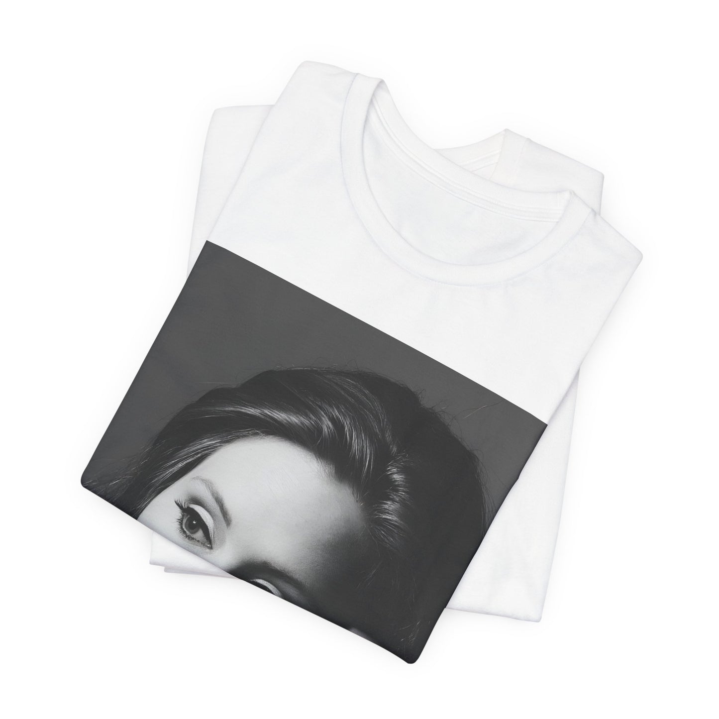 A black graphic t-shirt featuring a vintage-style black and white studio portrait of Adele, showing her with a poised and elegant expression.