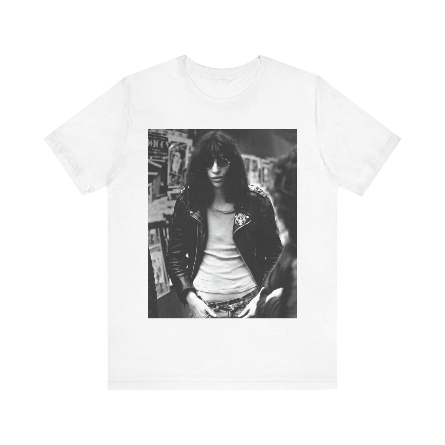A black graphic t-shirt featuring a 70s black and white photo portrait of Joey Ramone from Ramones.