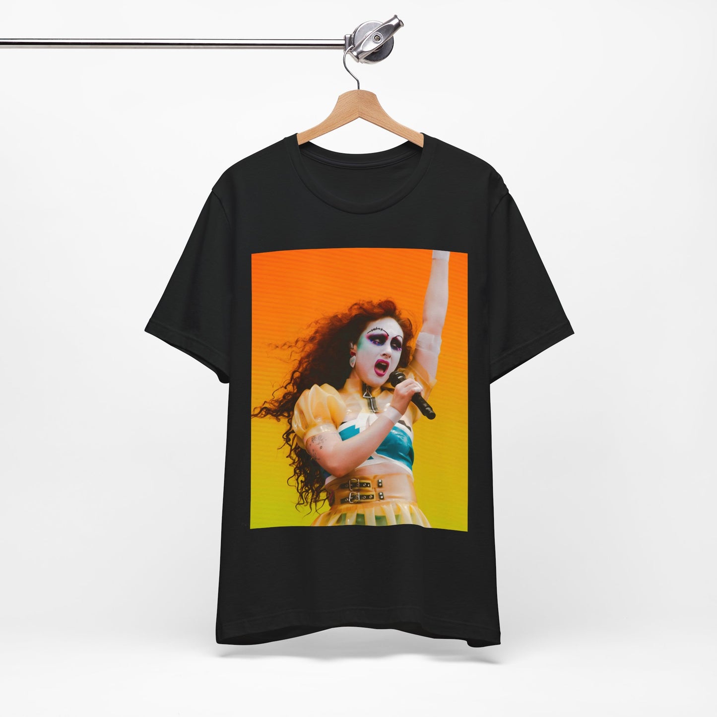 A black graphic t-shirt featuring a graphic of Chappell Roan, designed with a future pop aesthetic.