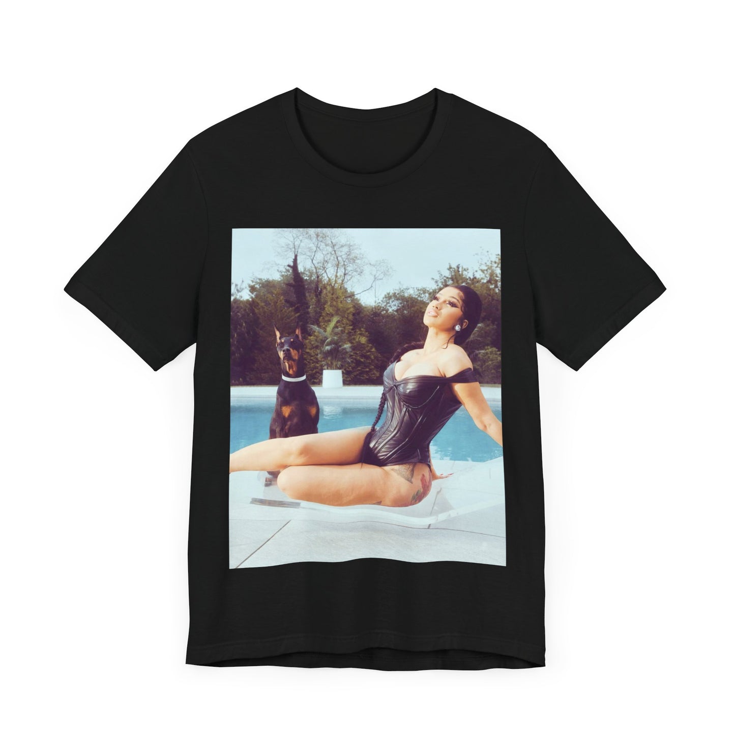 A black graphic t-shirt featuring a graphic related to Cardi B's 'I Like It' song, with bold pop culture elements.