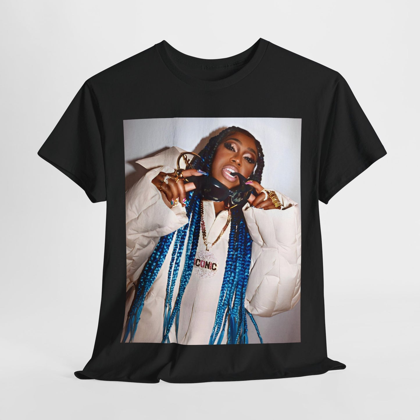 A black graphic t-shirt featuring a retro graphic related to Missy Elliott's 'Supa Dupa Fly' album era.