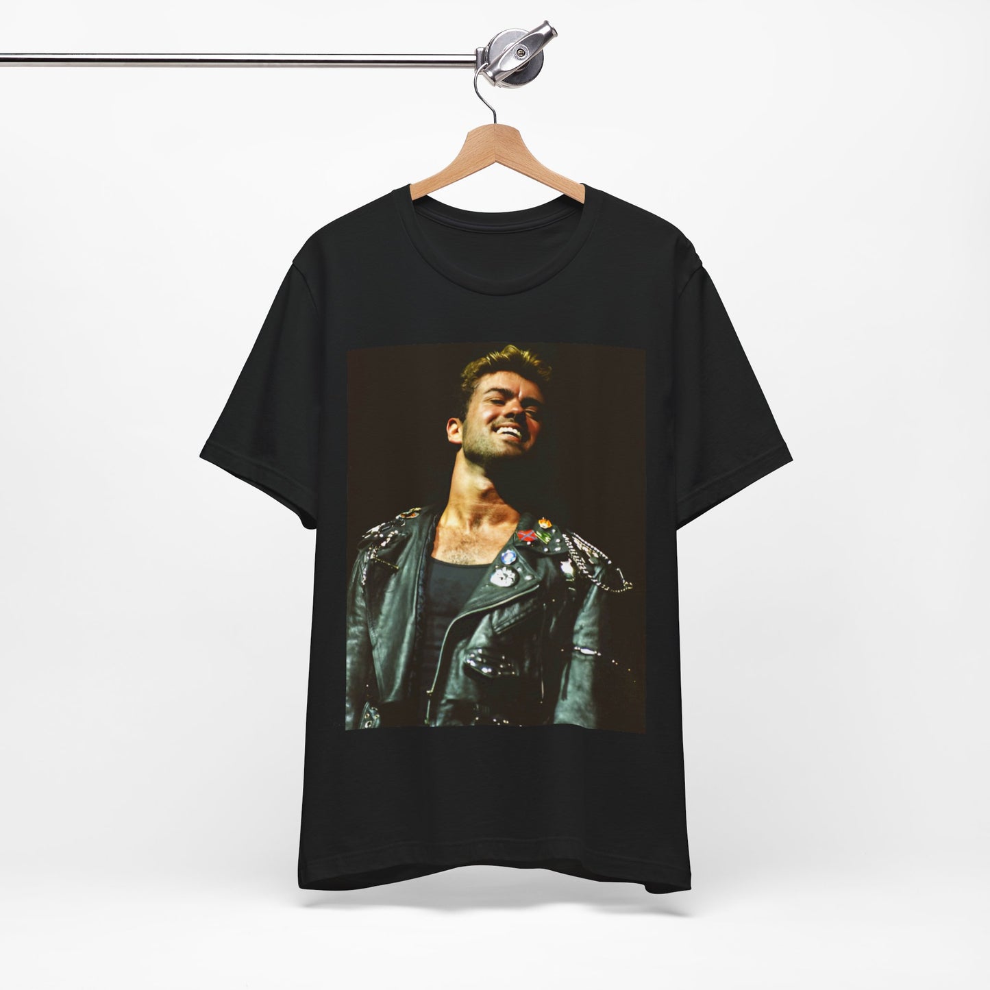 A black graphic t-shirt featuring a graphic related to George Michael's 'Careless Whisper' song or era.