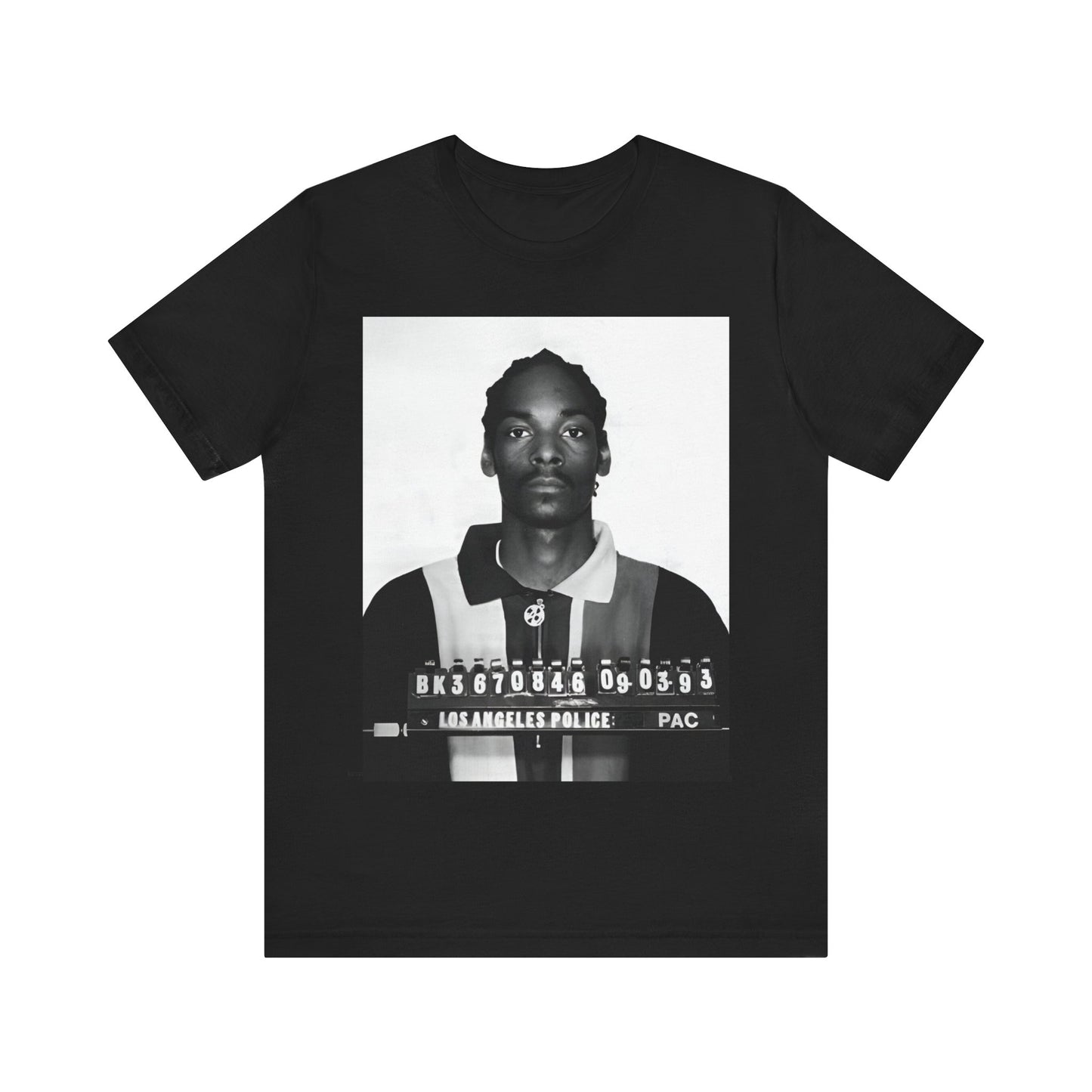 A black graphic t-shirt featuring a graphic of Snoop Dogg's mug shot.