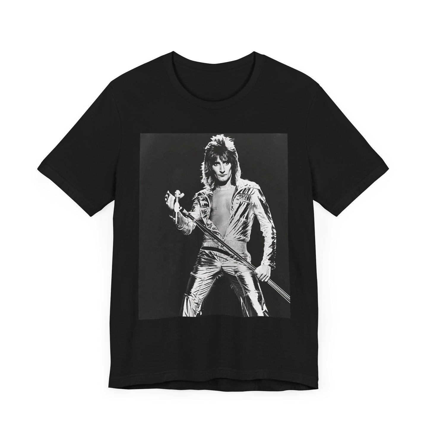 A black graphic t-shirt featuring a 70s black and white monochrome graphic or photo of Rod Stewart.