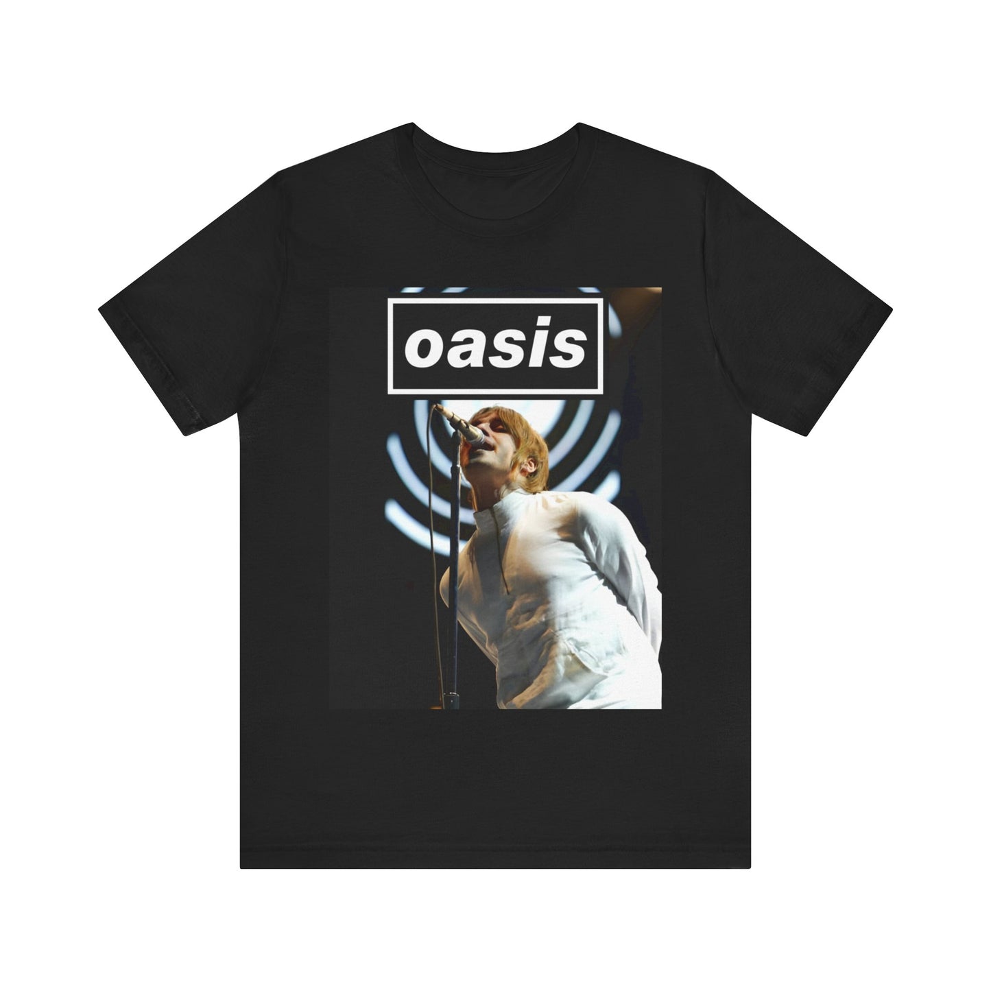 A black graphic t-shirt featuring a graphic or photo of Oasis performing live.