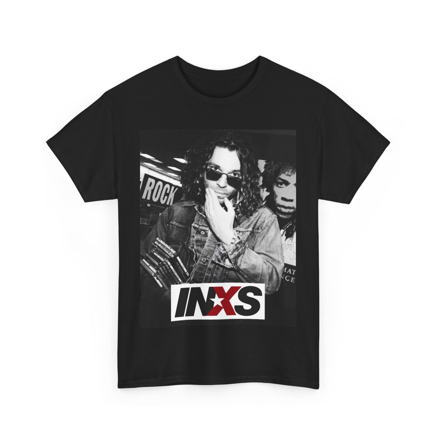 A black graphic t-shirt featuring a black and white, monochrome graphic or photo of INXS.