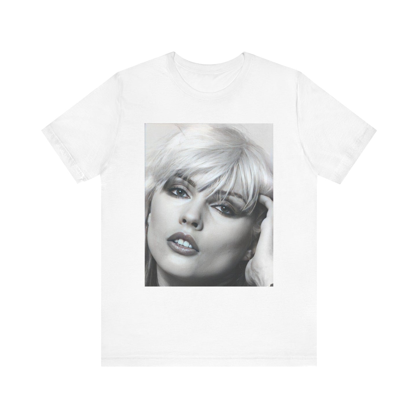 A black graphic t-shirt featuring an iconic black and white portrait photo of Debbie Harry from Blondie.