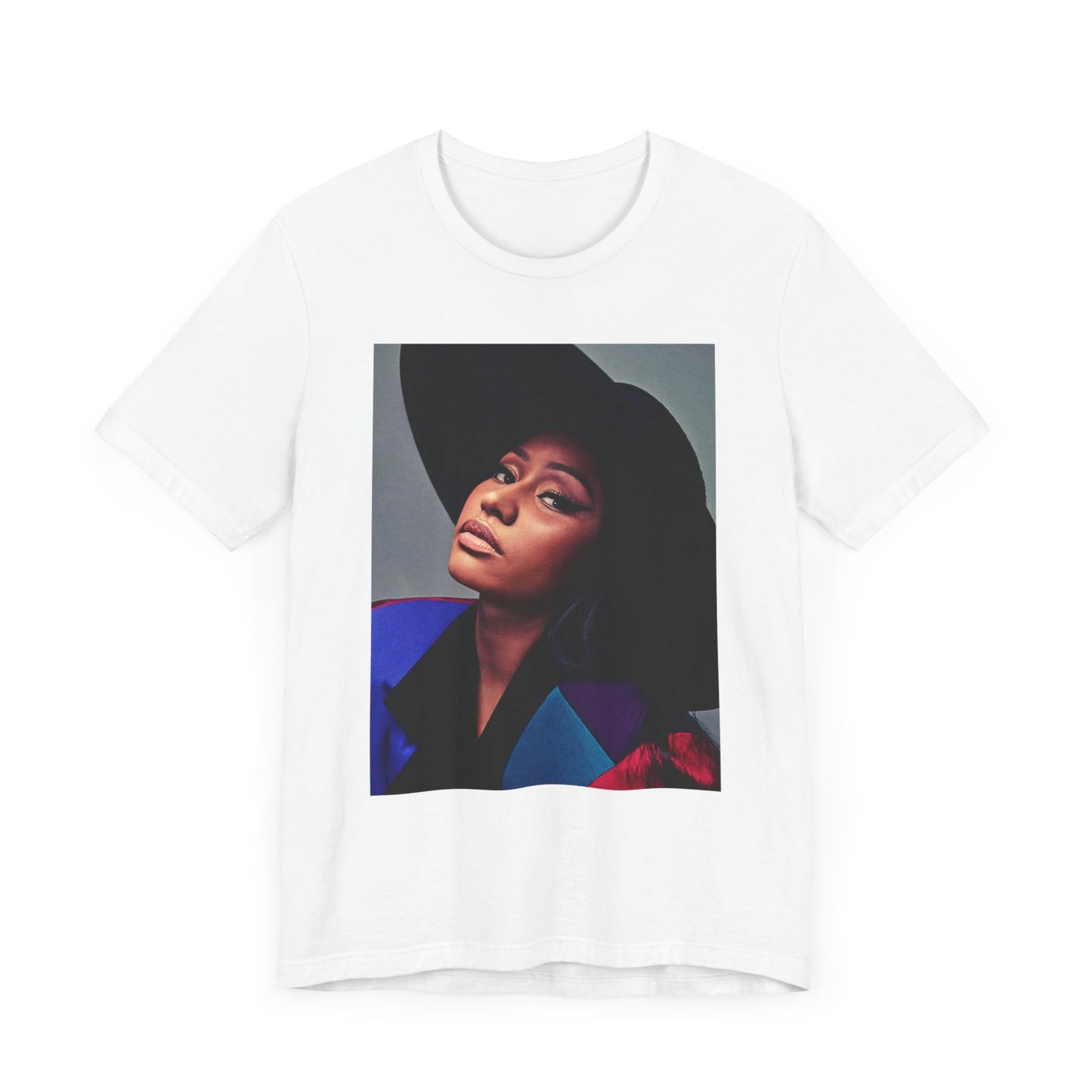 A black graphic t-shirt featuring a graphic of Nicki Minaj as a streetwear icon.