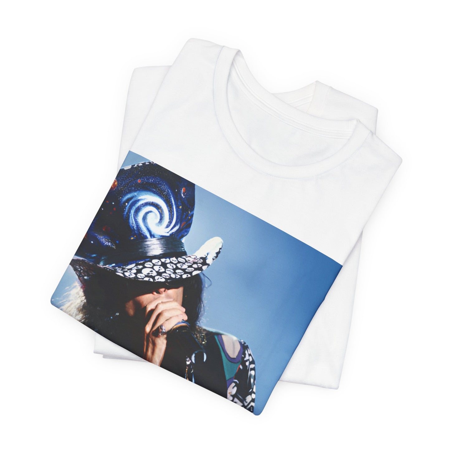 A black graphic t-shirt featuring a vintage 90s photo or illustration of Aerosmith performing live on stage, with band members in dynamic poses.