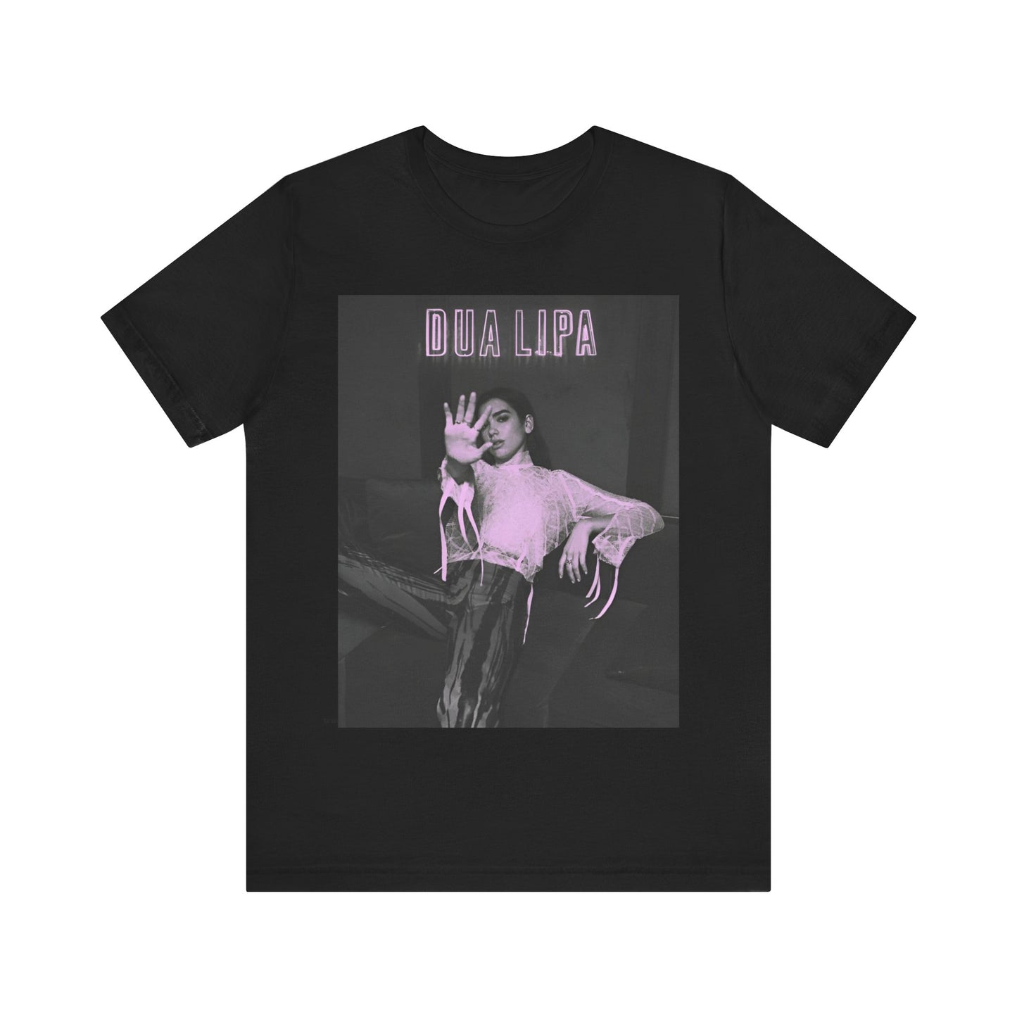 A black graphic t-shirt featuring a photo of Dua Lipa with a pink monochrome effect.