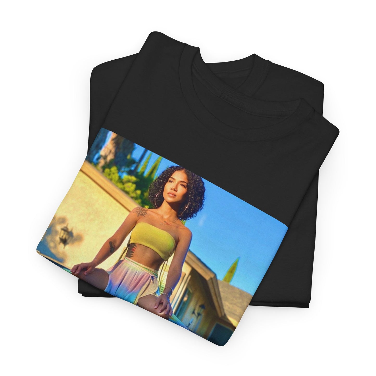 A black graphic t-shirt featuring a retro R&B aesthetic graphic of Jhene Aiko.