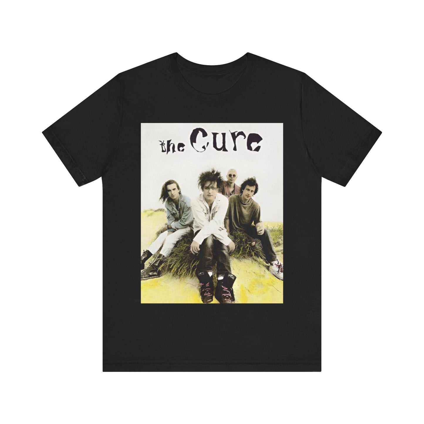 A black graphic t-shirt featuring a graphic of The Cure as post-punk pioneers.