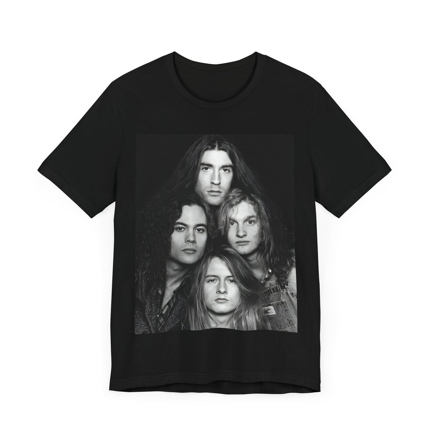A black graphic t-shirt featuring a black and white graphic related to Alice In Chains' 90s 'Facelift' album era, possibly with band members in a stylized design.