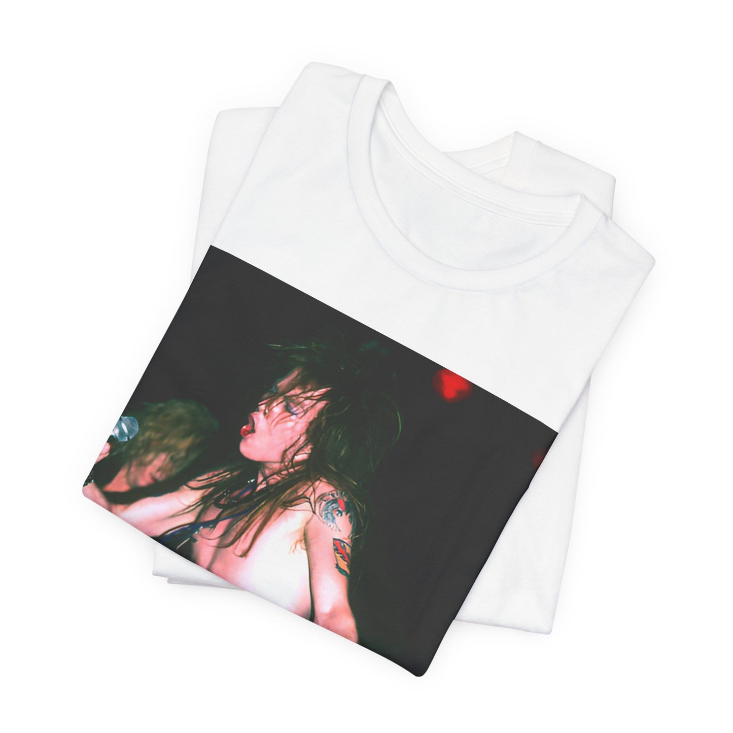 A black graphic t-shirt featuring a graphic of Axl Rose from Guns N' Roses performing on stage in the 80s.