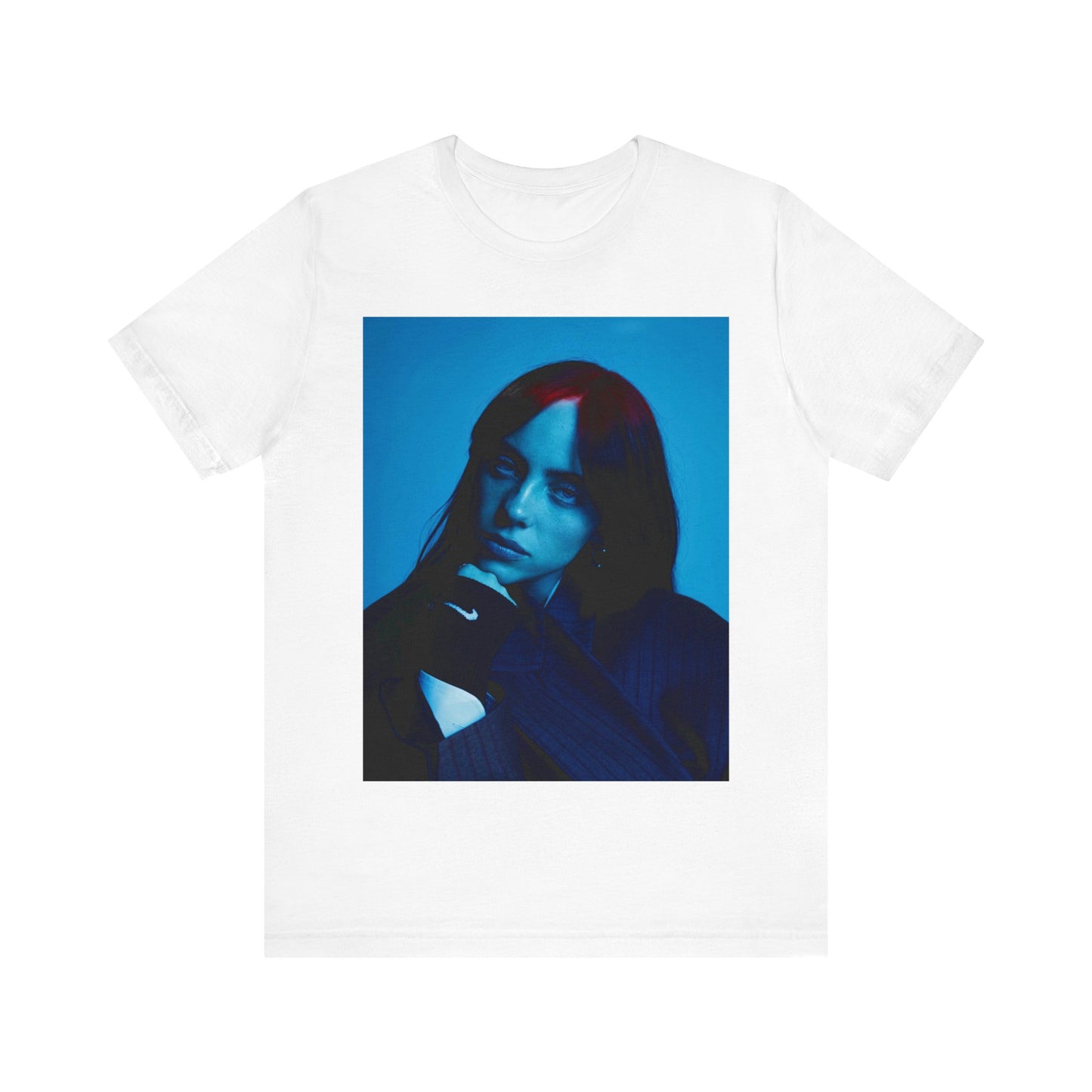 A soft, slightly blurred photo of Billie Eilish, evoking the dreamy and nostalgic feel of her song 'Ocean Eyes,' printed on a t-shirt.