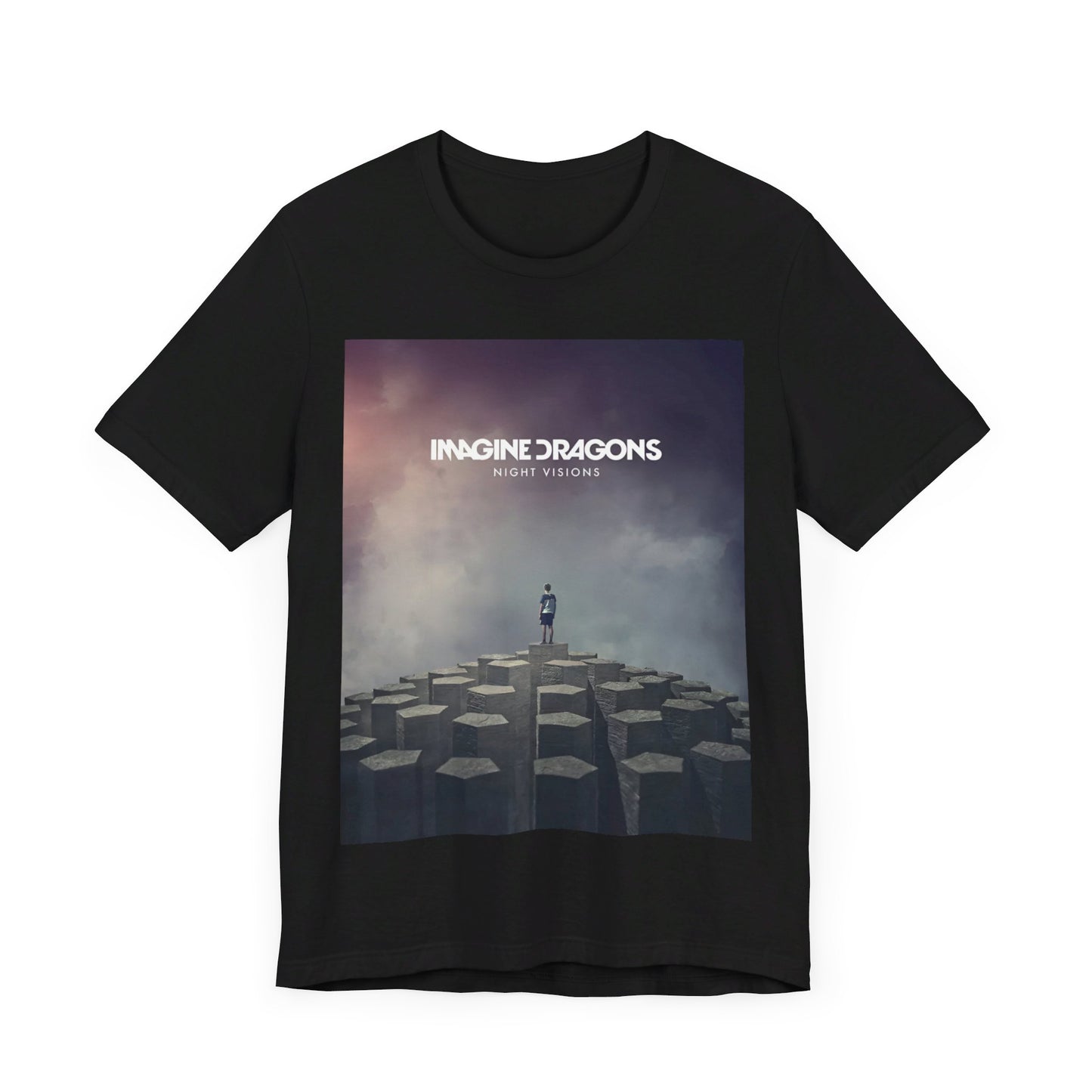 A black graphic t-shirt featuring a graphic related to Imagine Dragons' 'Night Visions' album.
