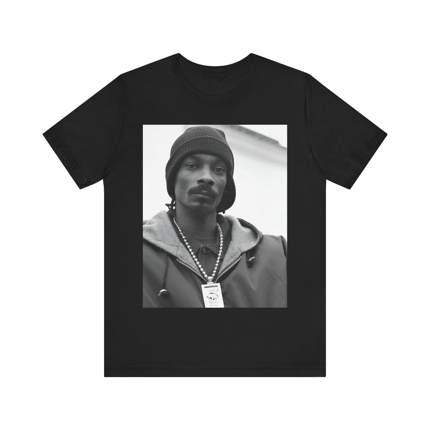 A black graphic t-shirt featuring a black and white, monochrome graphic of Snoop Dogg with an OG cool vibe.
