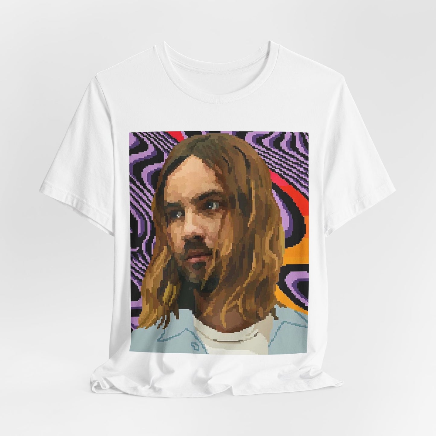 A black graphic t-shirt featuring a vintage graphic of Tame Impala with mind-bending visuals.