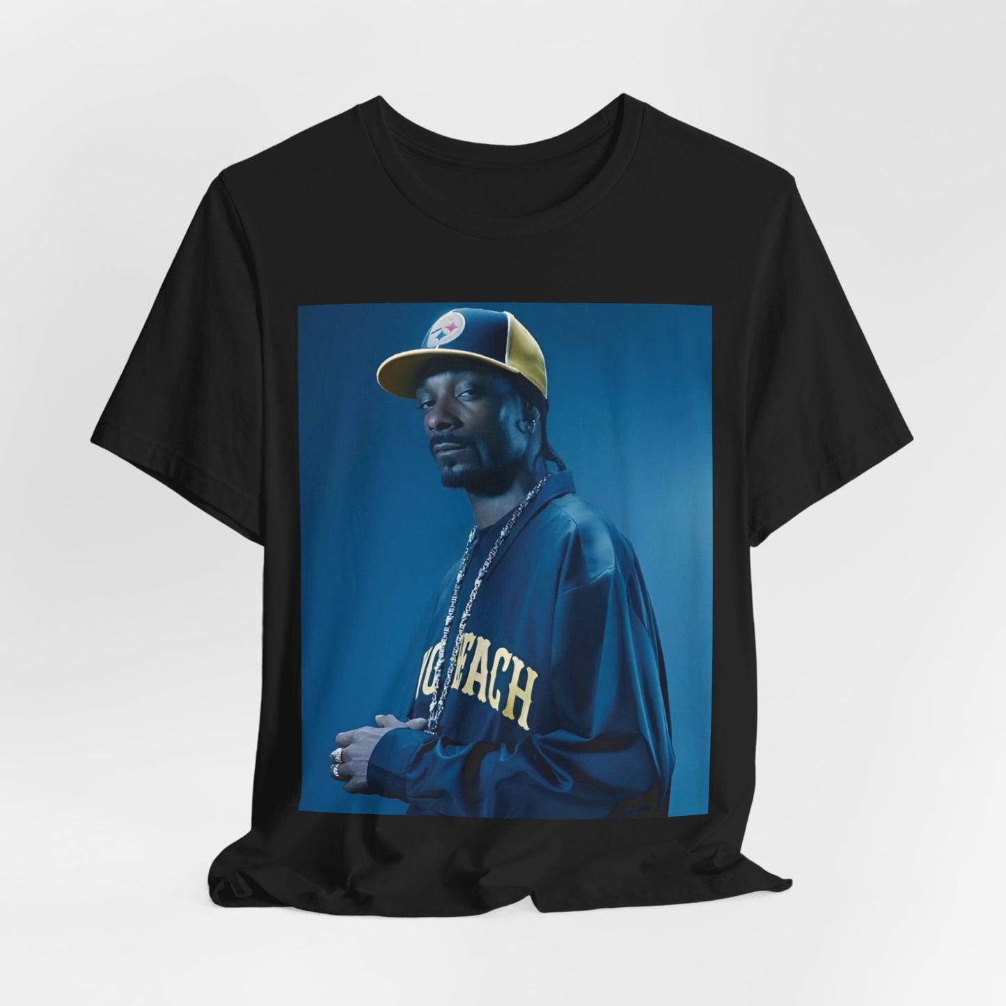 A black graphic t-shirt featuring an authentic West Coast graphic of Snoop Dogg.