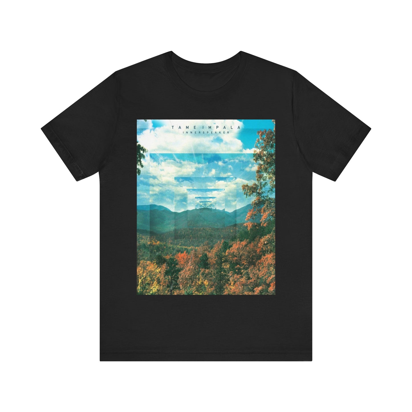 A black graphic t-shirt featuring a graphic related to Tame Impala's 'InnerSpeaker' album.