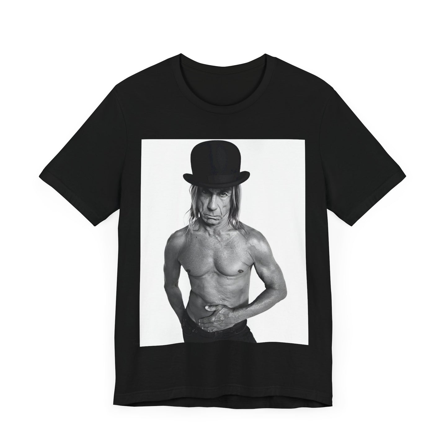 A black graphic t-shirt featuring a black and white photo of Iggy Pop wearing a hat.