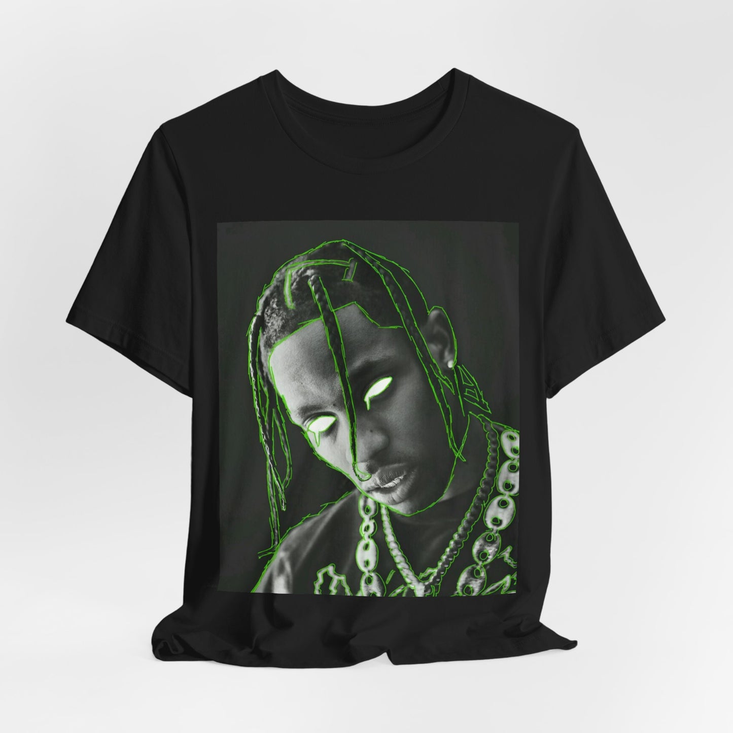 A black graphic t-shirt featuring a retro graphic related to Travis Scott's 'Sicko Mode' song or era.