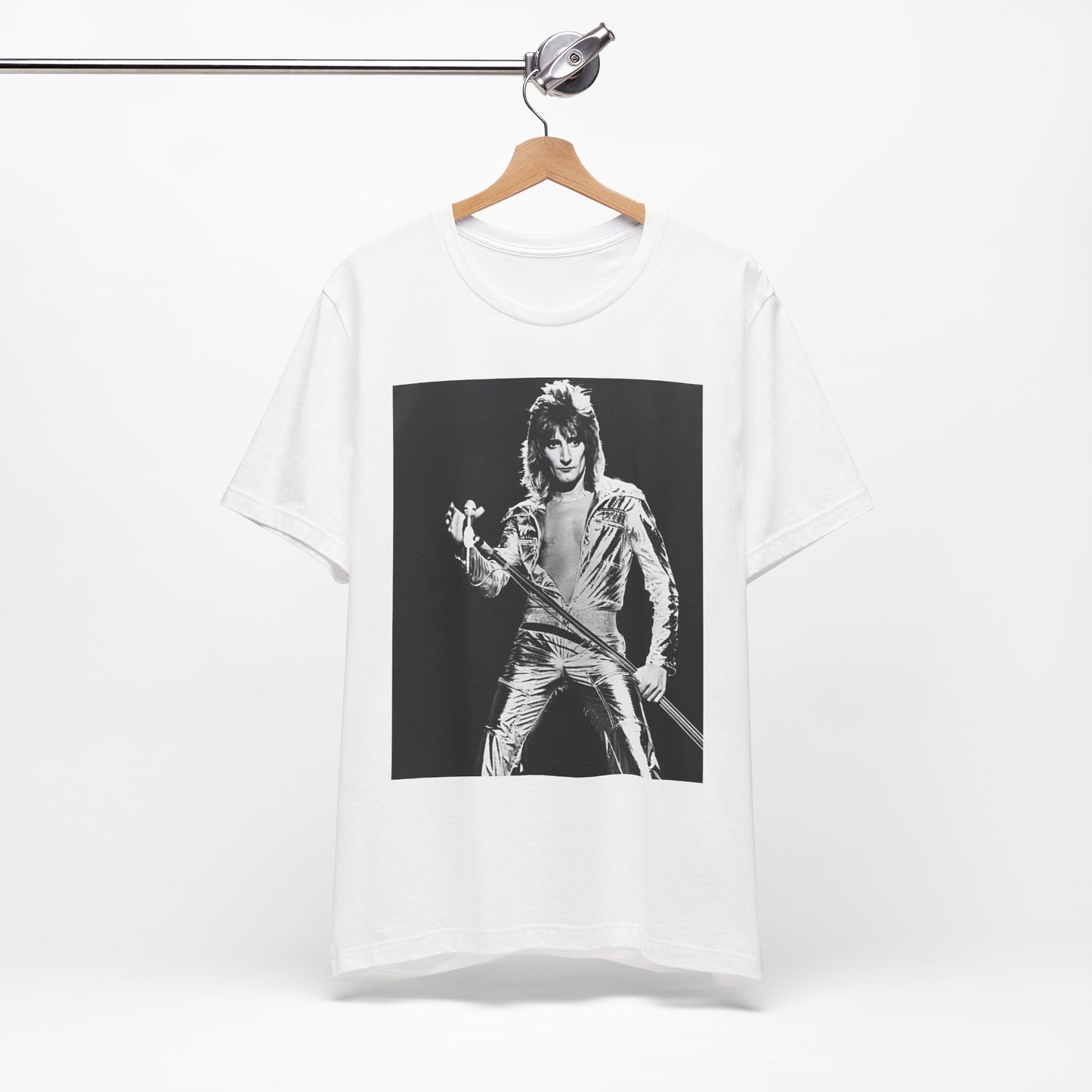 A black graphic t-shirt featuring a 70s black and white monochrome graphic or photo of Rod Stewart.