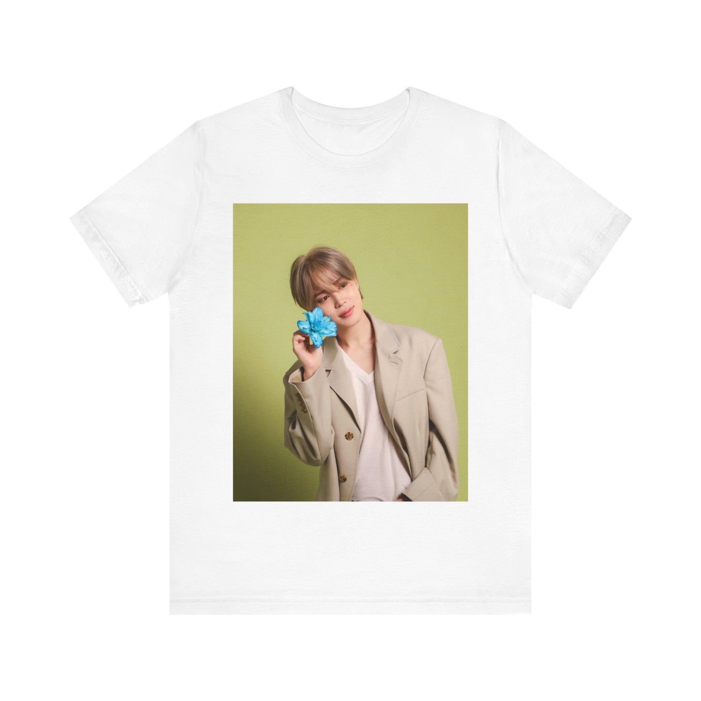 A black graphic t-shirt featuring a vintage K-Pop aesthetic graphic of Jimin.