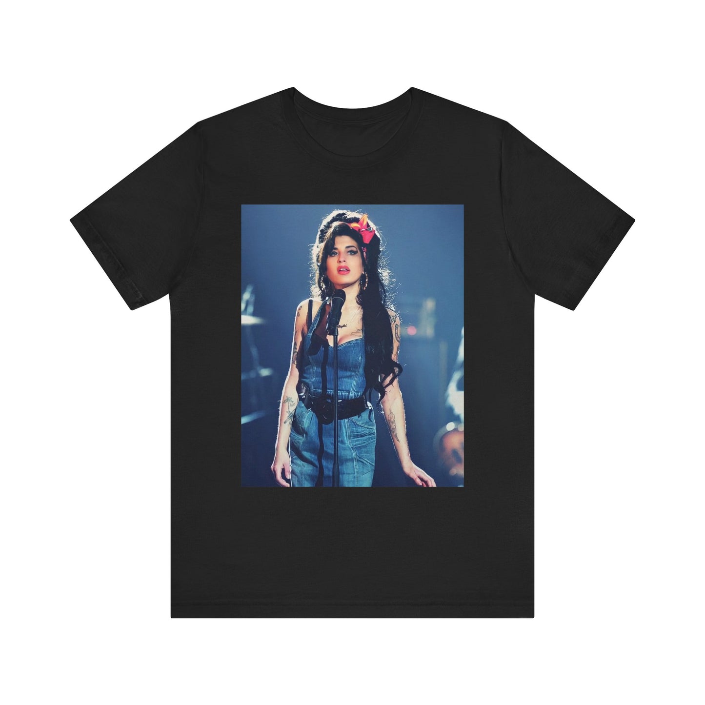 A black graphic t-shirt featuring a graphic related to Amy Winehouse's 'Back to Black' album, emphasizing a soulful aesthetic.