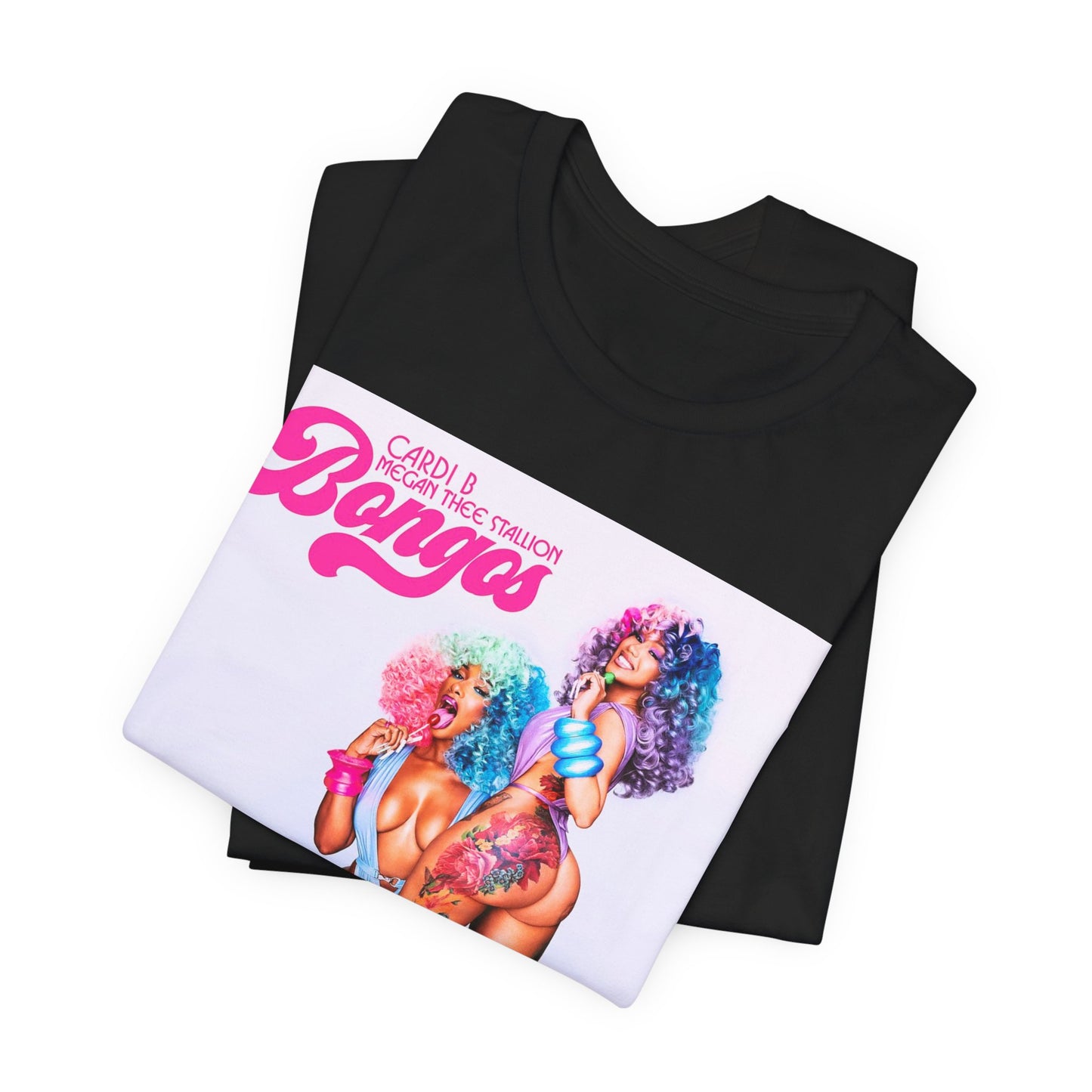 A black graphic t-shirt featuring the single artwork for Cardi B's song "Bongos."