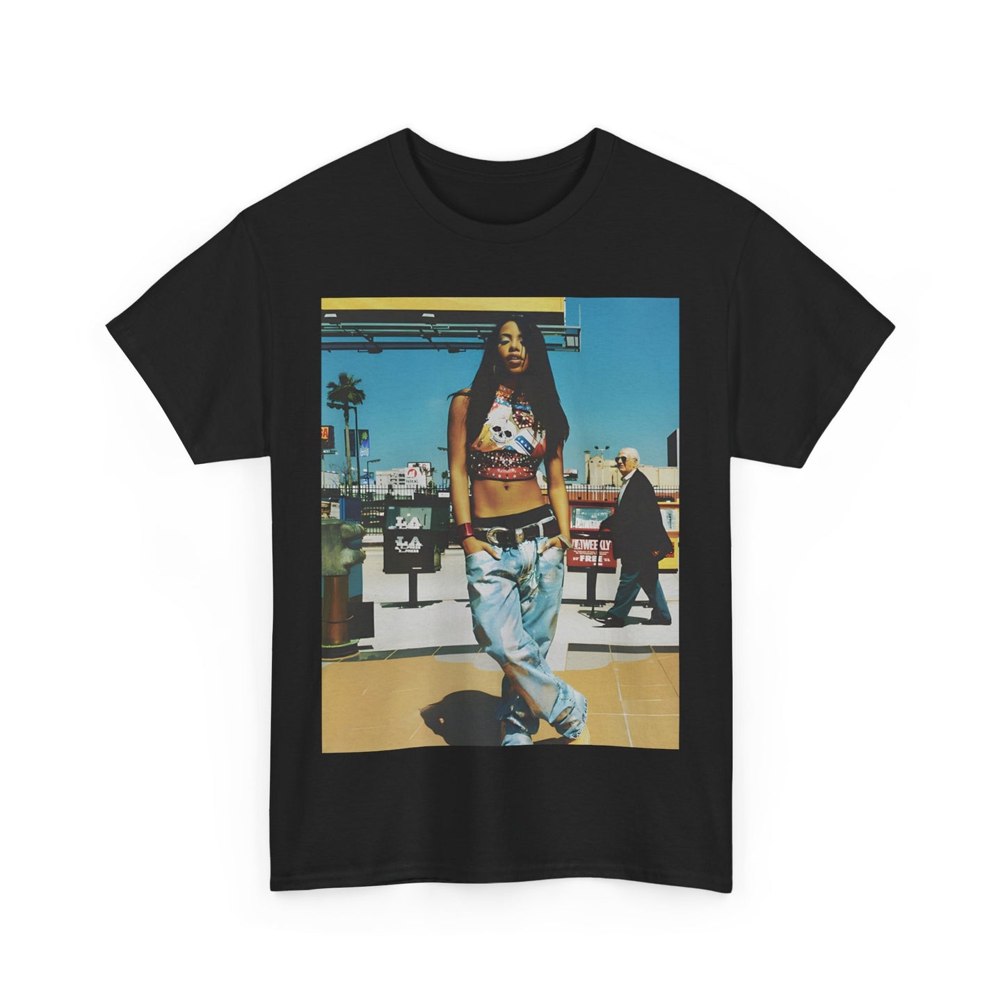 A black graphic t-shirt featuring a casual R&B fan graphic of Aaliyah.