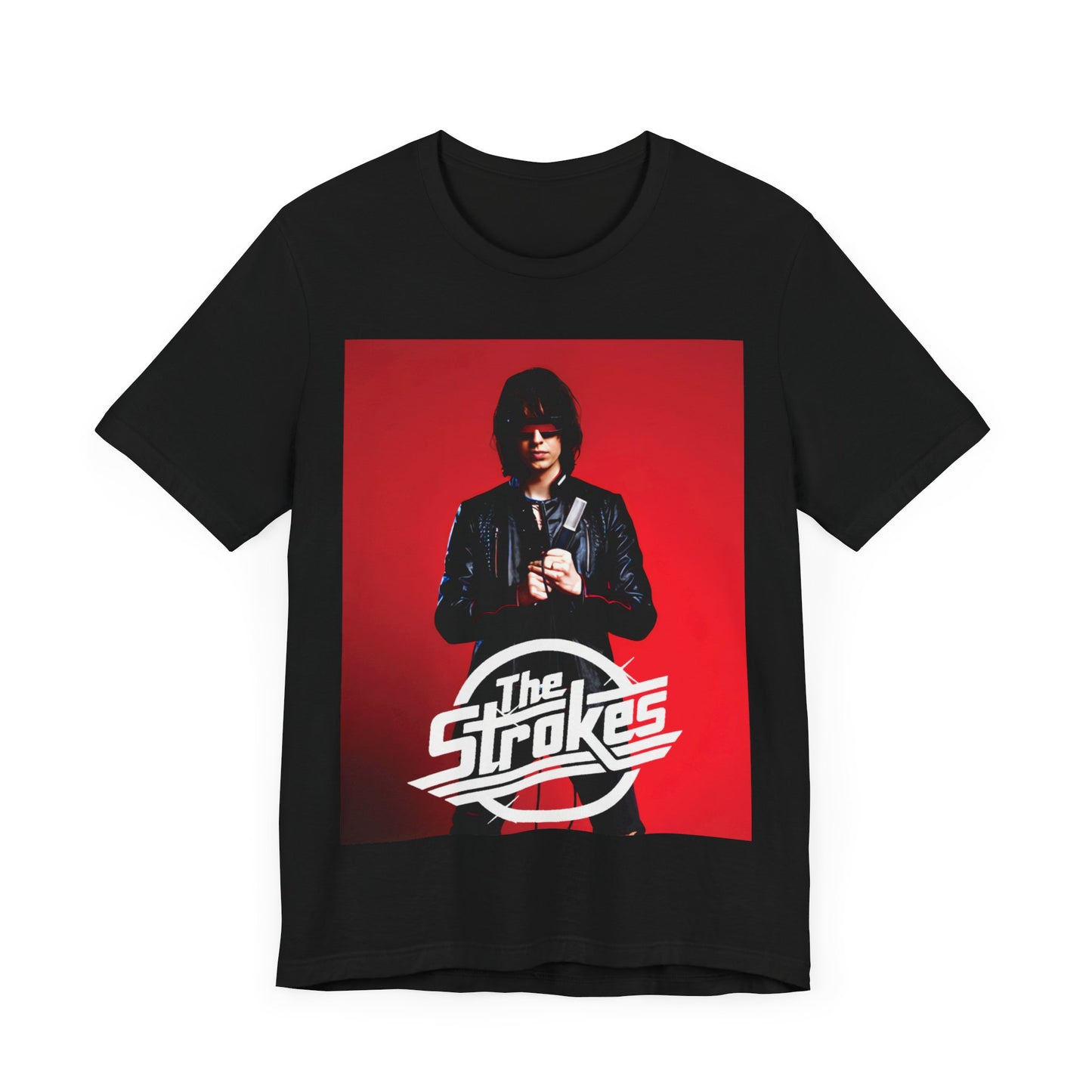 A black graphic t-shirt featuring a bold indie rock superstar graphic of The Strokes.